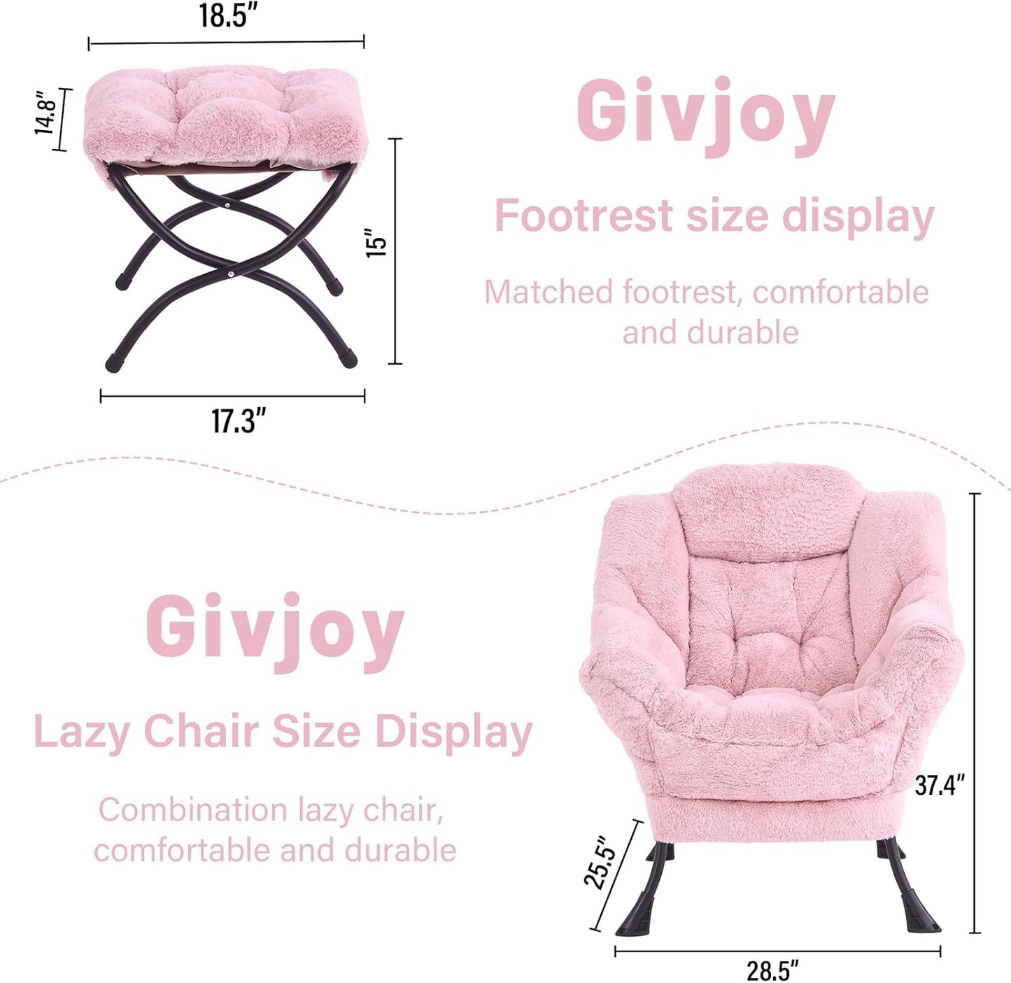 Plush Lazy Chair and Ottoman, Large Contemporary Accent Lounge Chair with Armrests and a Side Pocket, Modern Leisure Upholstered Sofa Reading Armchair with Footrest for Bedroom, Living Room