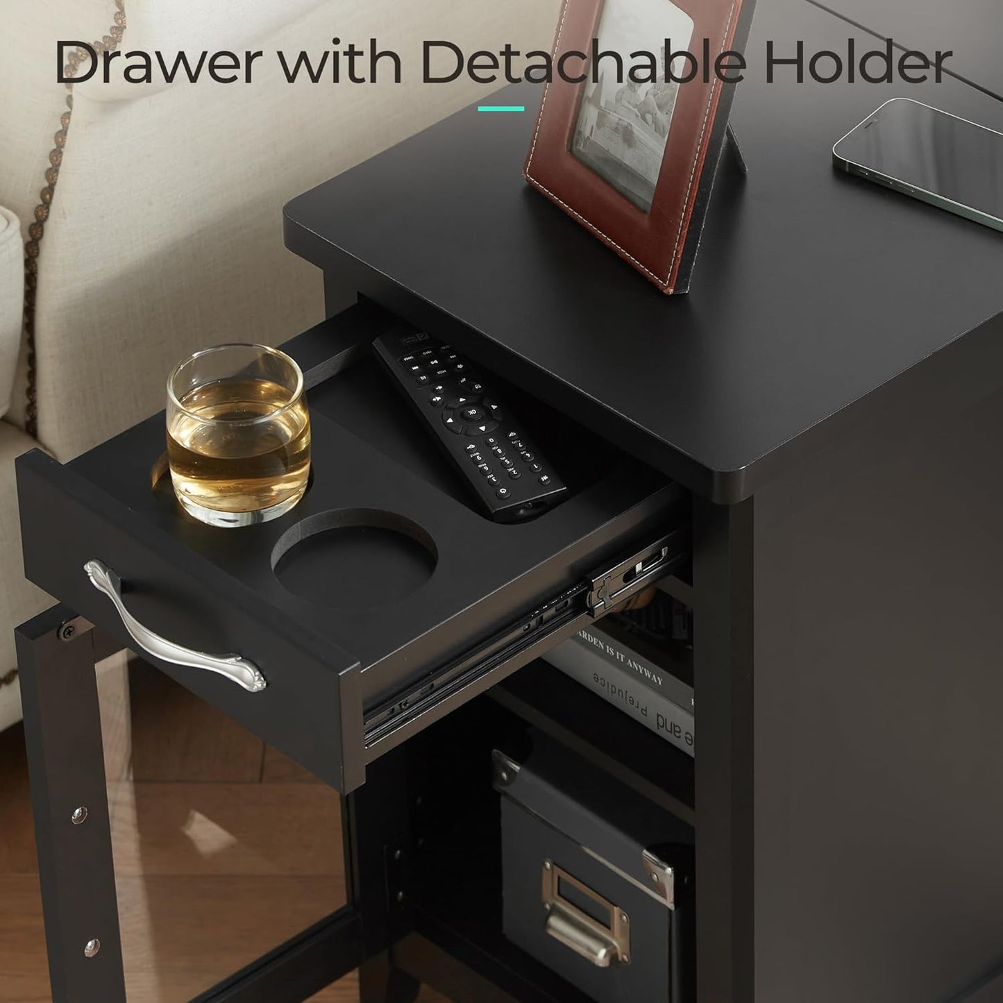 LINSY HOME End Table with Charging Station, Side Table for Bedroom with Drawer and Detachable Holder, Storage Shelf with Glass Door, Extra Storage & Display Space, Small Nightstand for Living Room