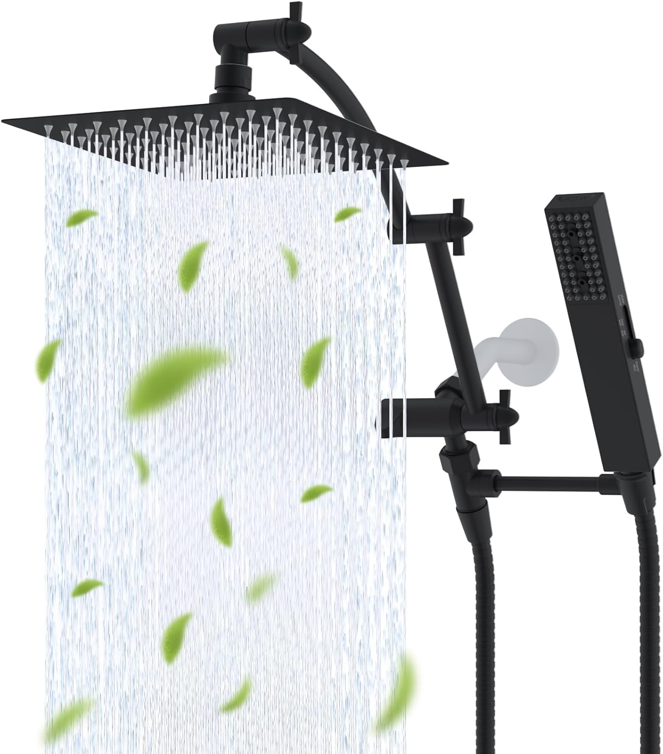 Hibbent All Metal 8'' Rainfall Shower Head, Square Shower Head Combo, High Pressure Handheld Shower Wand, 4 Sprays, 16'' Adjustable Arc-shaped Extension Arm, 71'' Hose, Showerhead Holder, Matte Black