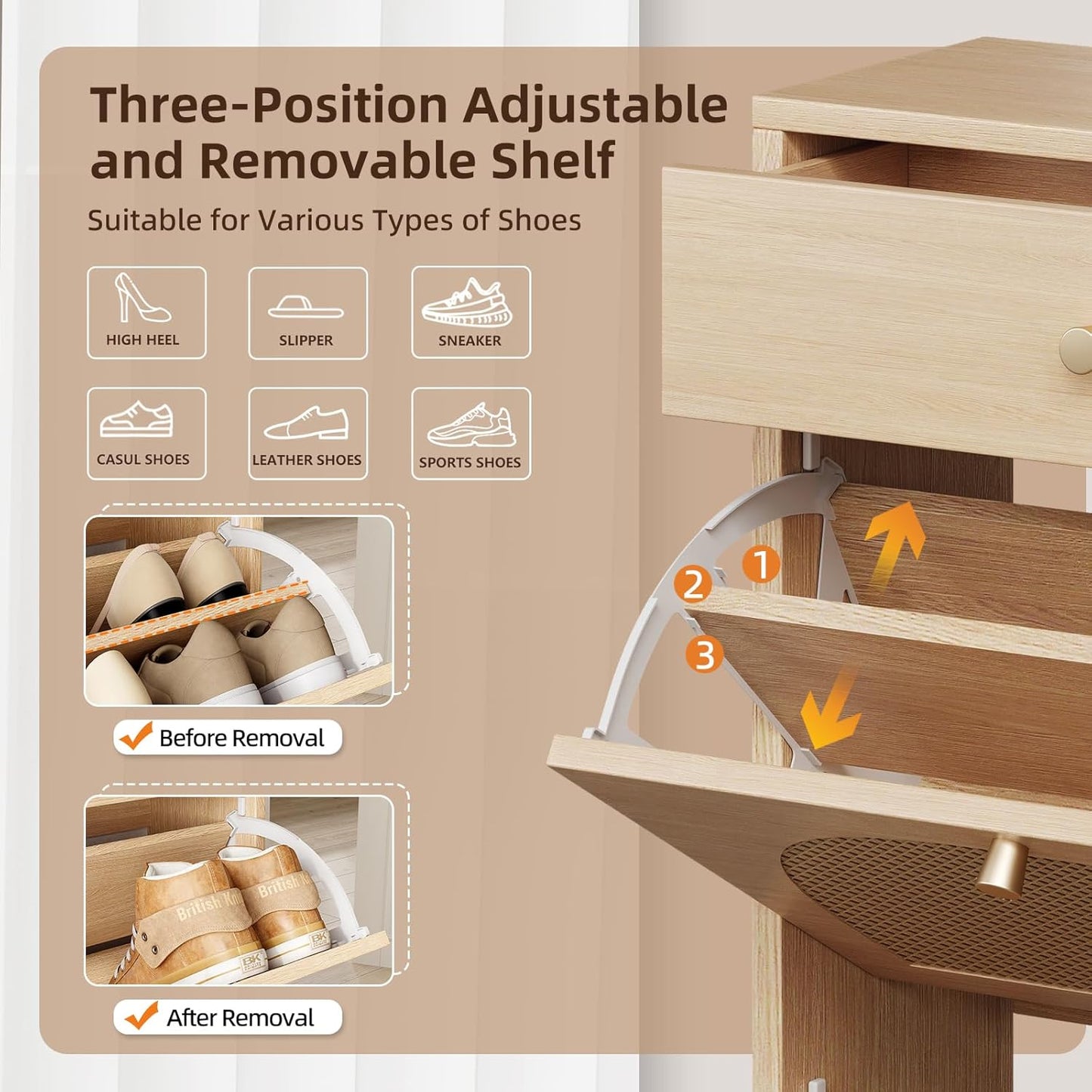 Nicetree Shoe Storage Organizer with 2 Flip Drawers and 1 Drawer, Freestanding Fluted Accent Narrow Shoe Rack, Farmhouse Shoe Cabinet with 3-Tier Adjustable Shelves for Hallway Foyer Rustic