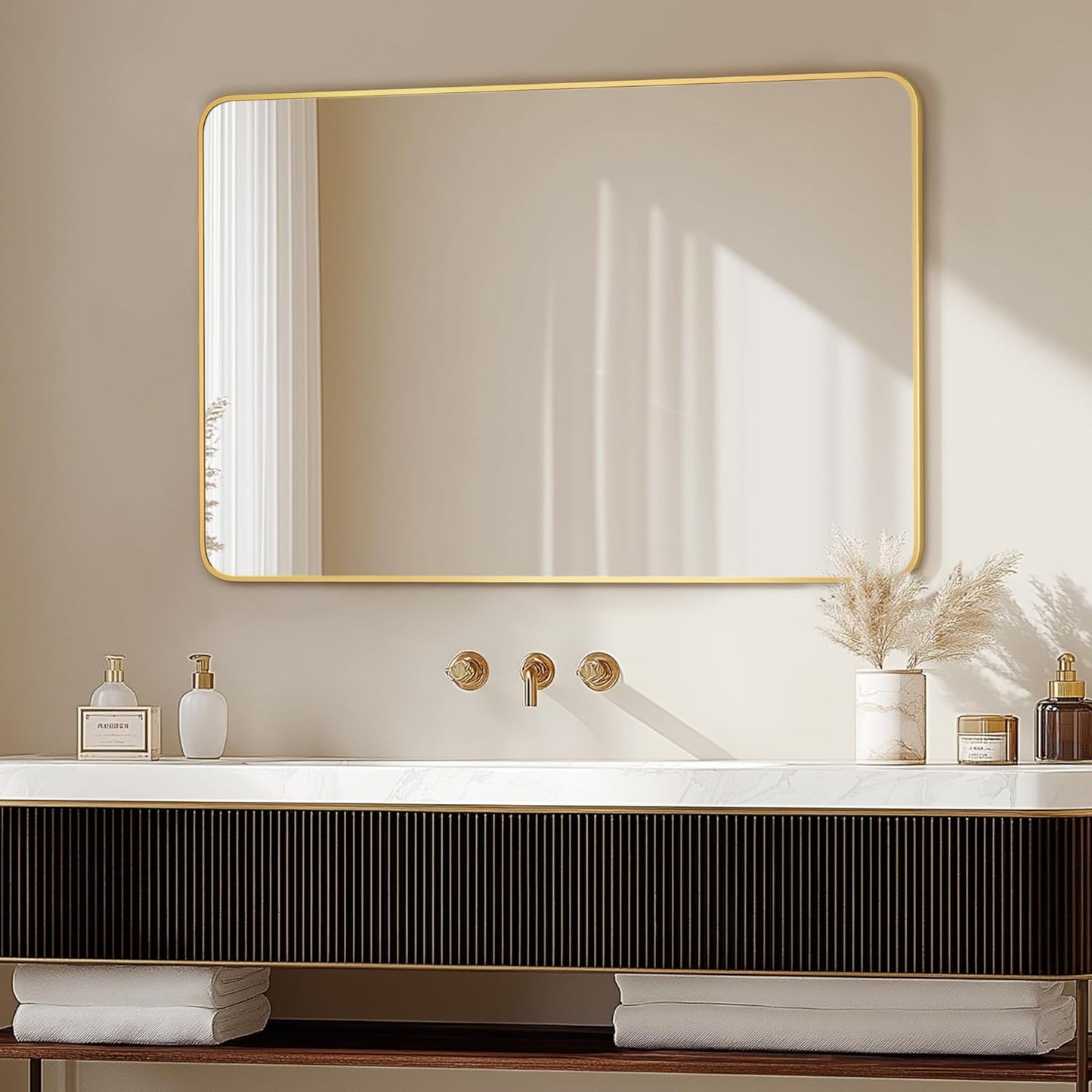 Delma Bathroom Vanity Mirror, Black Framed Bathroom Mirror for Over Sink, High-Definition Bathroom Mirror, Versatile Bathroom Vanity Mirror, Hangs Horizontally or Vertically(36x24, Gold)