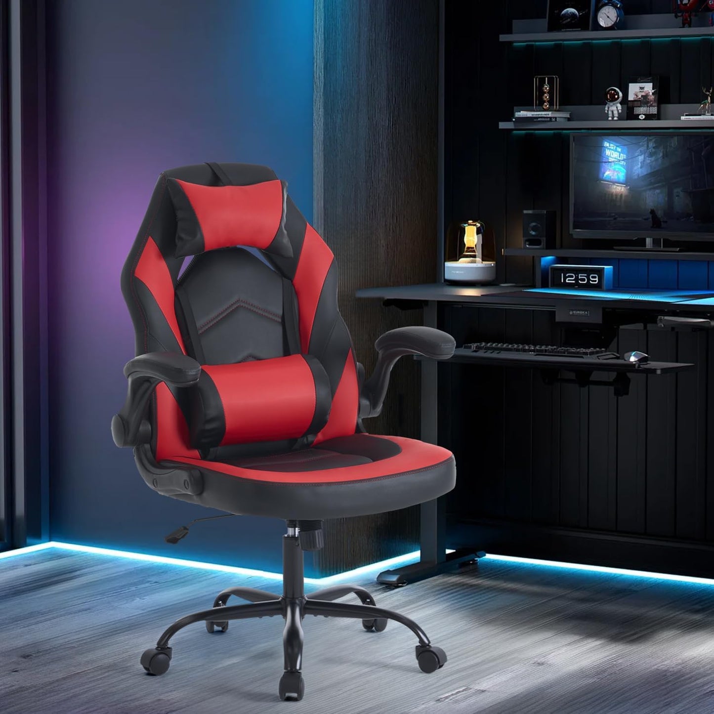 OLIXIS Computer Gaming Desk Chair - Ergonomic Video Game with Comfy Lumbar Support and headrest, PU Leather with Flip-up Arms, Adjustable Height and Swivel Wheels, for Adults, Red