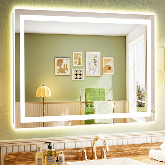 50x36 Inch LED Bathroom Mirror with Lights Front and Backlit Lighted Vanity Mirror for Bathroom Wall with 3 Colors Dimmable Anti-Fog Memory Shatter-Proof IP54 Waterproof Horizontal/Vertical