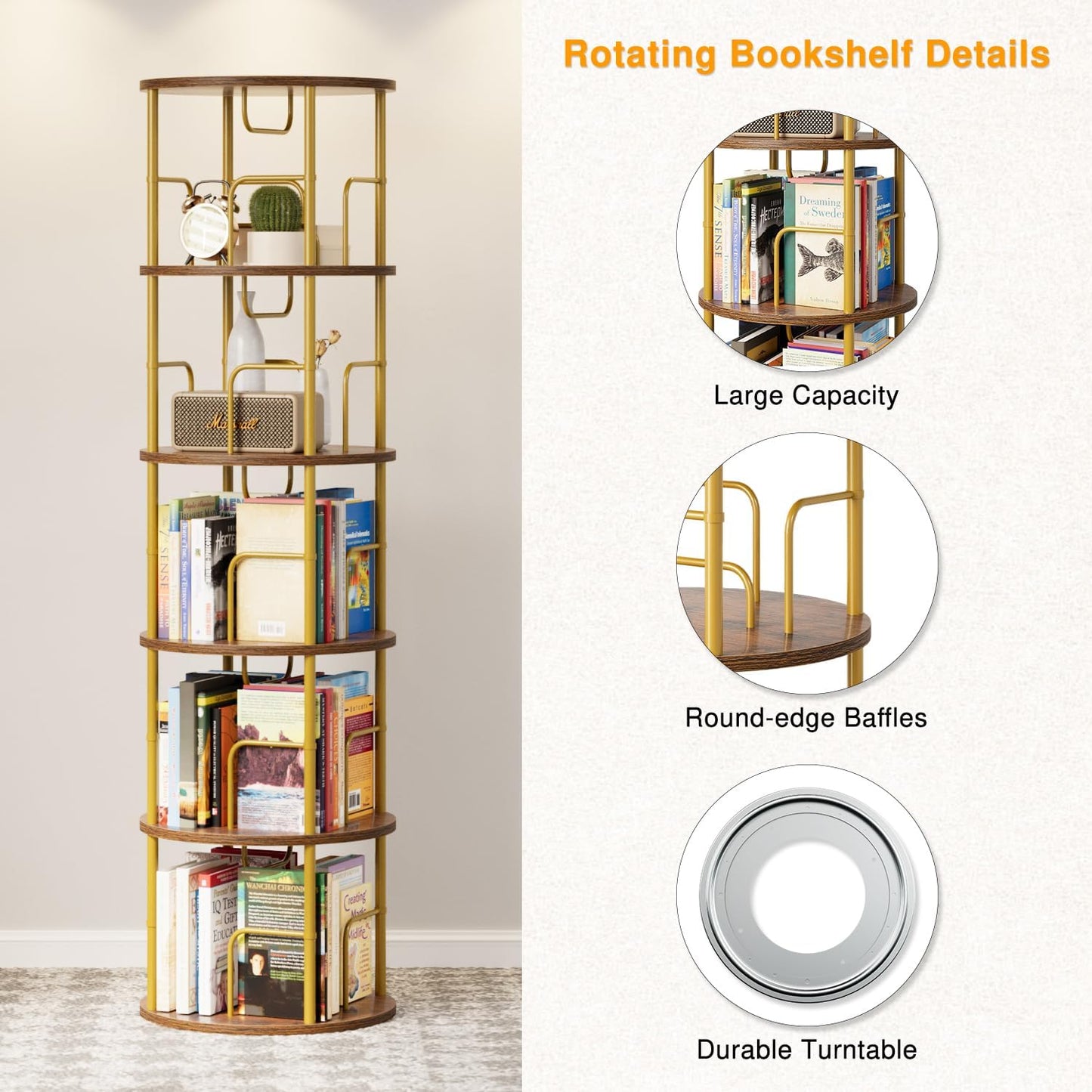 5 Tier Rotating Bookshelf, 360 Display Spinning Corner Bookshelf, Space-Saving Metal Frame Bookcase for Living Room, Office, Bedroom, Gold