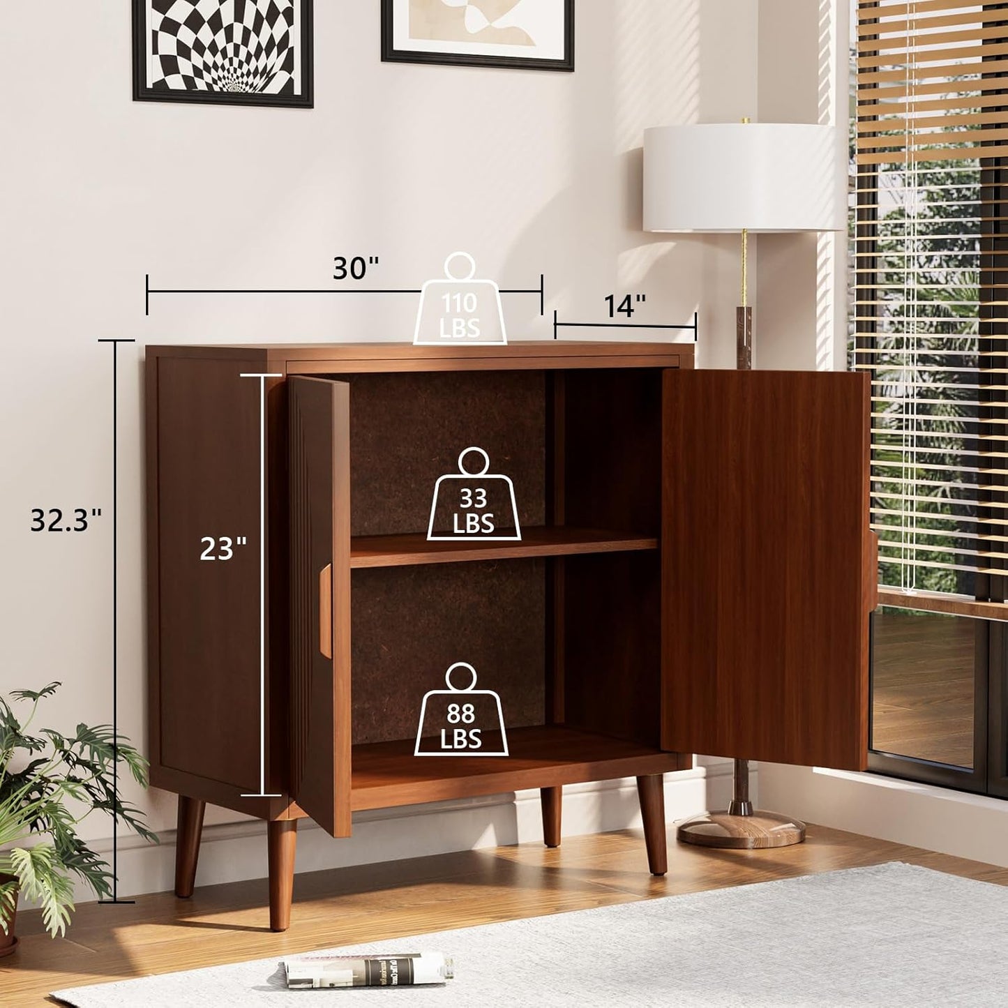 COSIEST Set of 3 30" Storage Sideboards with Doors, Accent Cabinets with Magnetic Push-to-Open Doors, Brown Line Pattern, Entryway Console for Living Room, Kitchen, Hallway