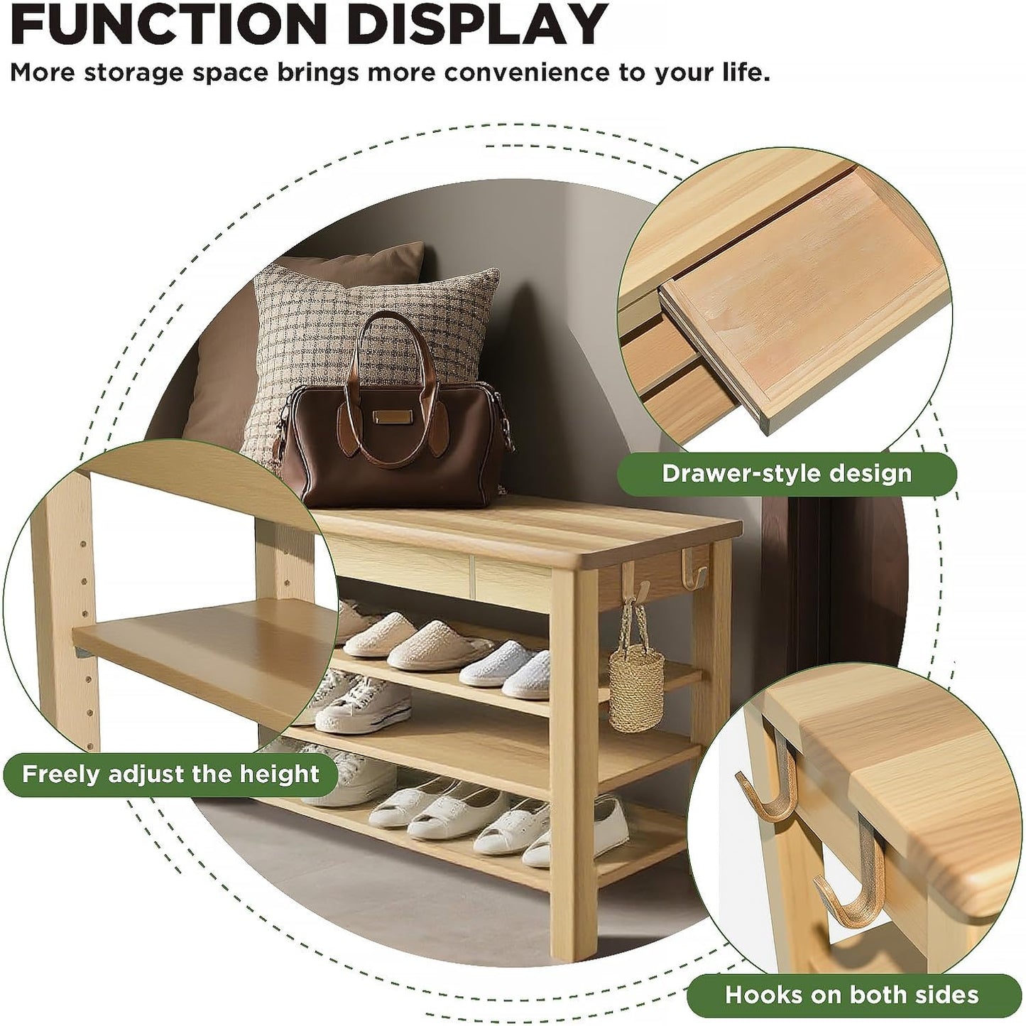 Wood Shoe Bench Entryway with Drawer: 3-Tiers Wooden Storage Shoe Rack with Bench Seat, Compact Mid-Century Modern Design for Entryway, Hallway, Closet, Front Door Entrance, Foyer