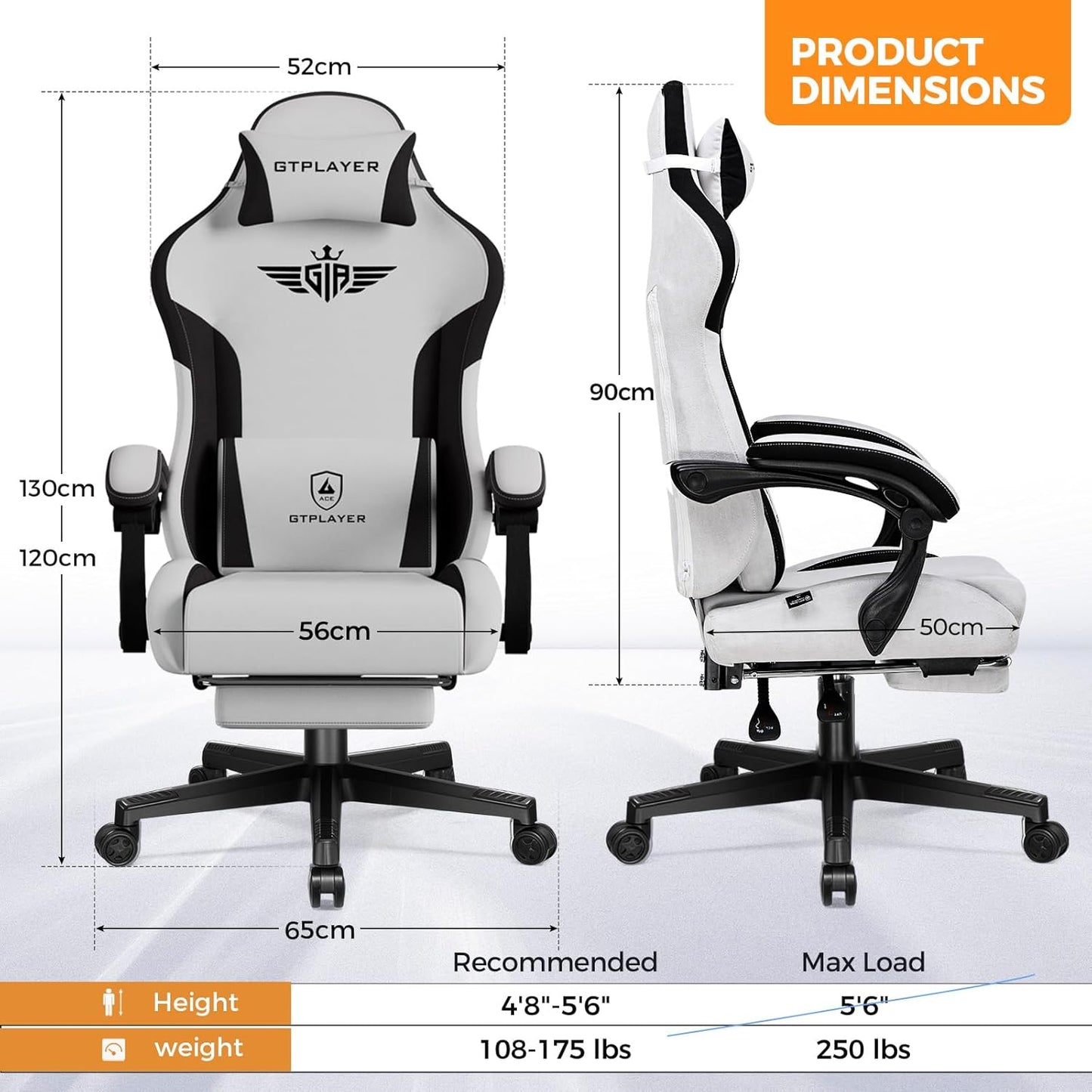GTPLAYER Gaming Chair Fabric with Footrest, Big and Tall Game Chair High Back Computer Office Chair with Lumbar Support for Adults, Ergonomic Swivel Games Chair with Cushion Gaming Grey