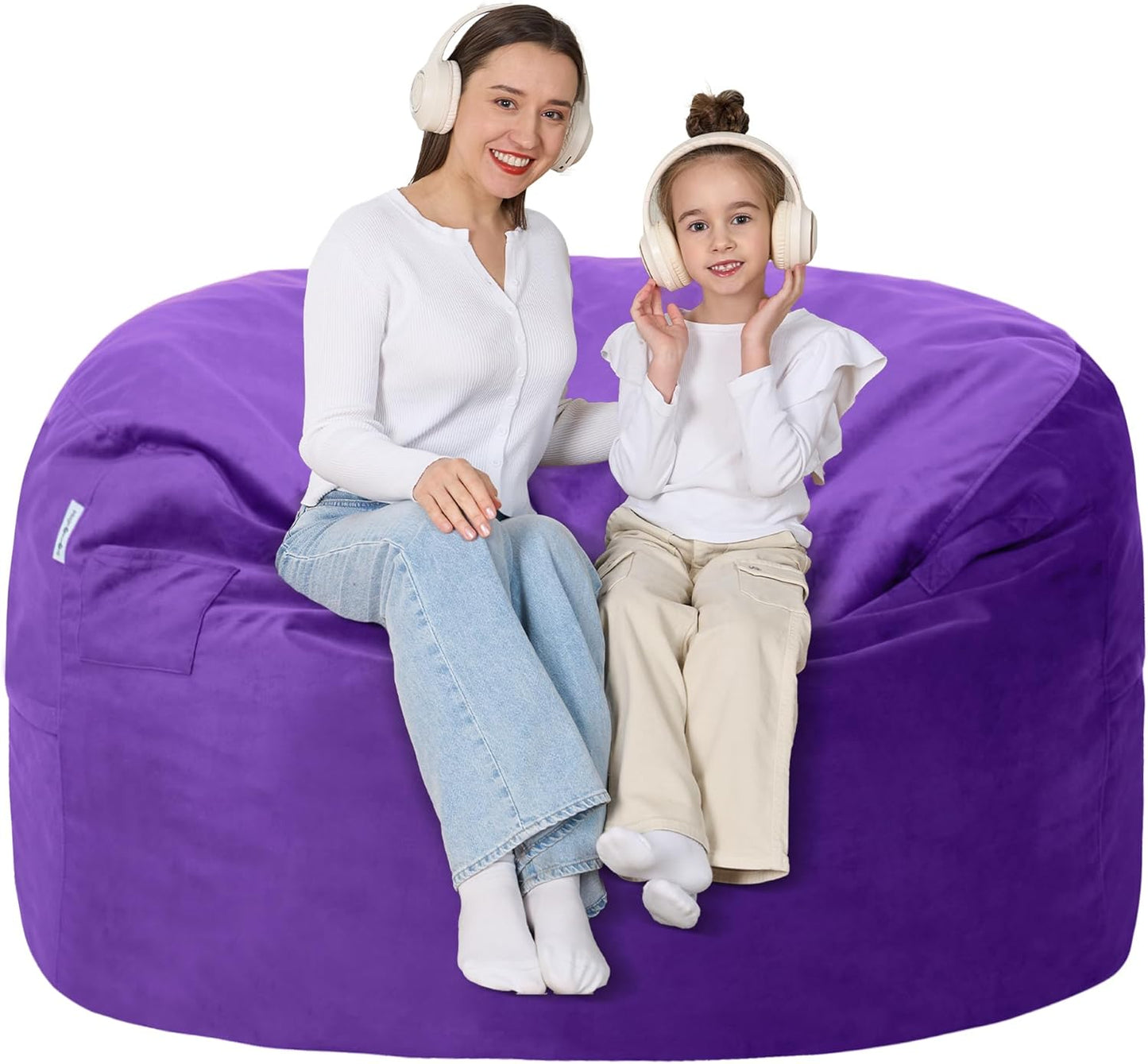 4FT Bean Bag Chair with Ultra Soft Velvet Cover Bean Bag Sofa with Memory Foam Bean Bag Chairs with Large Size Lazy Sofa for Dorm Office Living Room Bedroom Purple 4'
