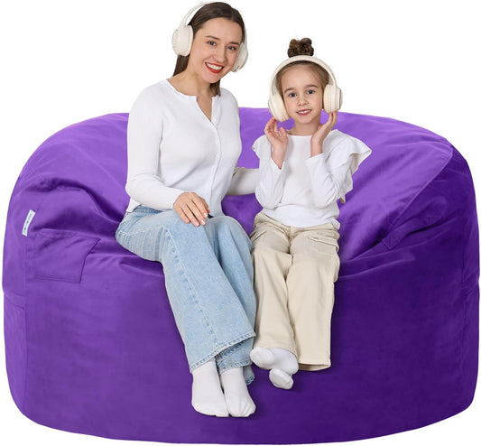 4FT Bean Bag Chair with Ultra Soft Velvet Cover Bean Bag Sofa with Memory Foam Bean Bag Chairs with Large Size Lazy Sofa for Dorm Office Living Room Bedroom Purple 4'
