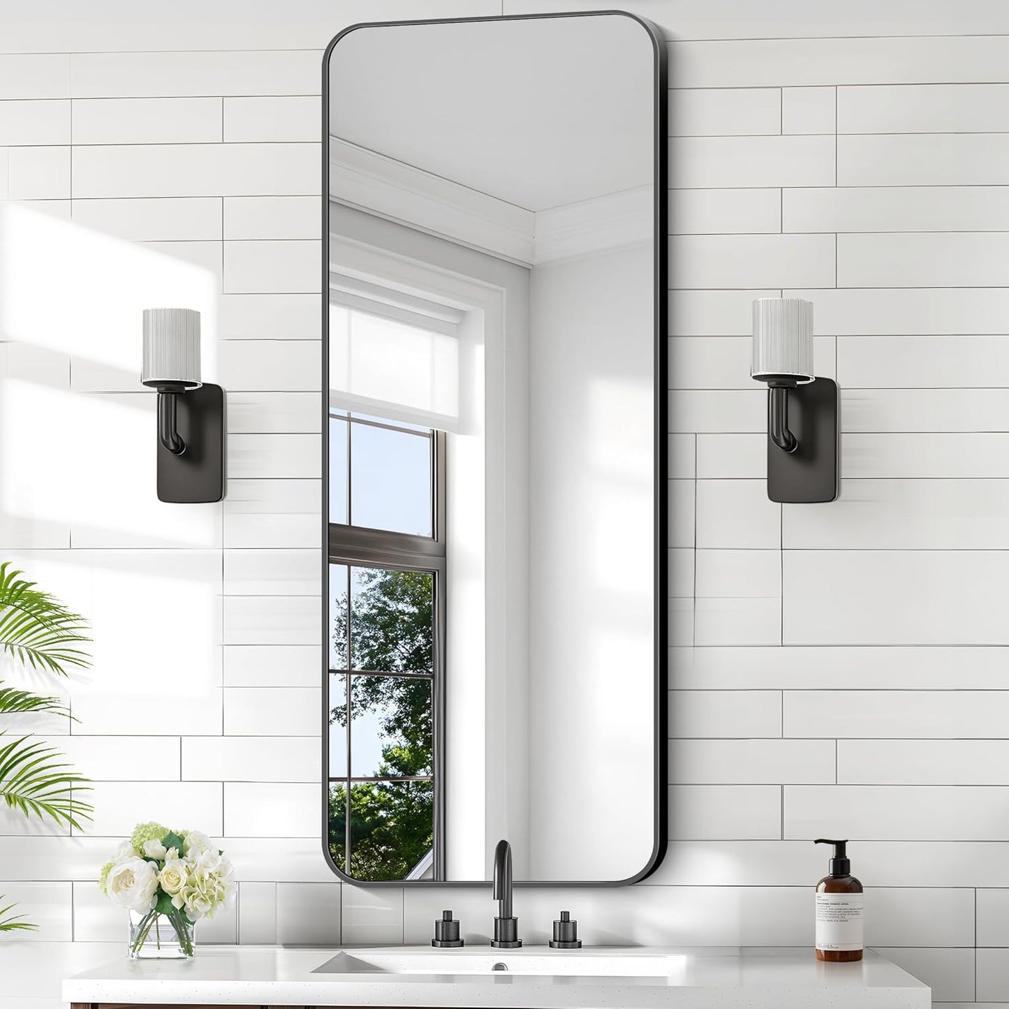 KOCUUY Black Rectangle Mirror, 20" x 48" Metal Frame Mirror with Rounded Corner, Classic Design of Upgraded Shatterproof Glass for Bathroom, Bedroom, Living Room, Entryway