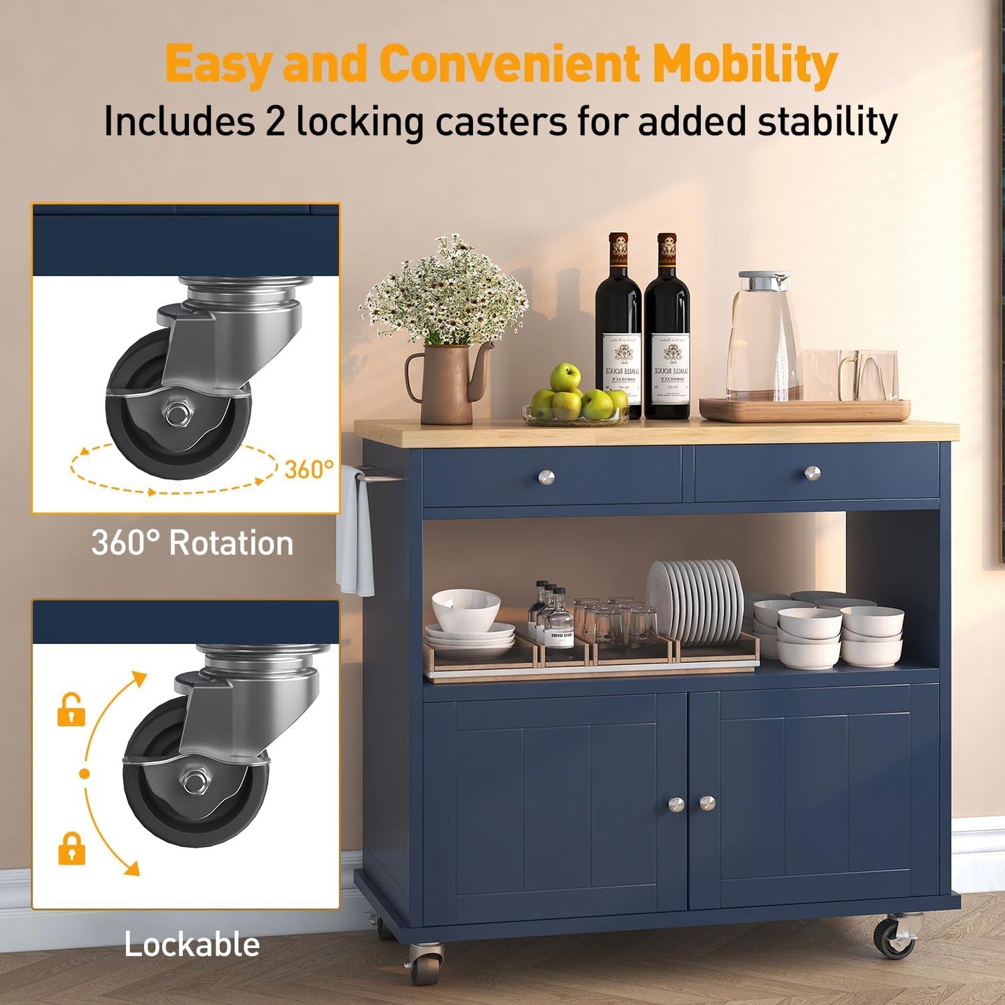 Rolling Kitchen Island with Storage Cabinet, 35.4'' Width Kitchen Cart, 2 Drawers Island Table, Portable Mobile Kitchen Island with Towel Rack, Wood Top and Lockable Wheels, Blue