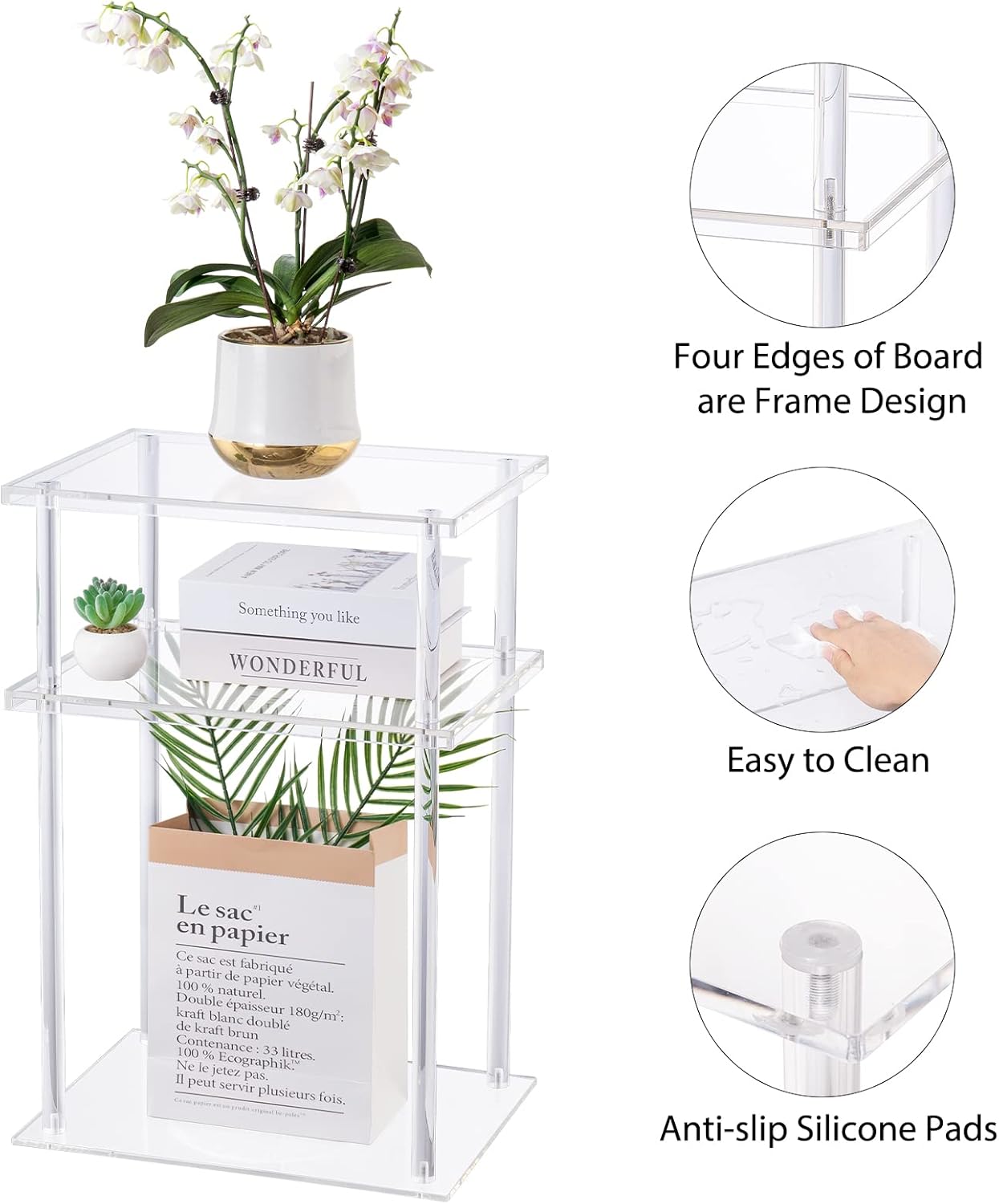 HMYHUM Clear Acrylic Side Table, 3-Tier End Table for Living Room, Small Bedside Table/Nightstand for Bedroom, Home Accent Table, Frame Design, 15.7" L x 11.8" W x 23.2" H