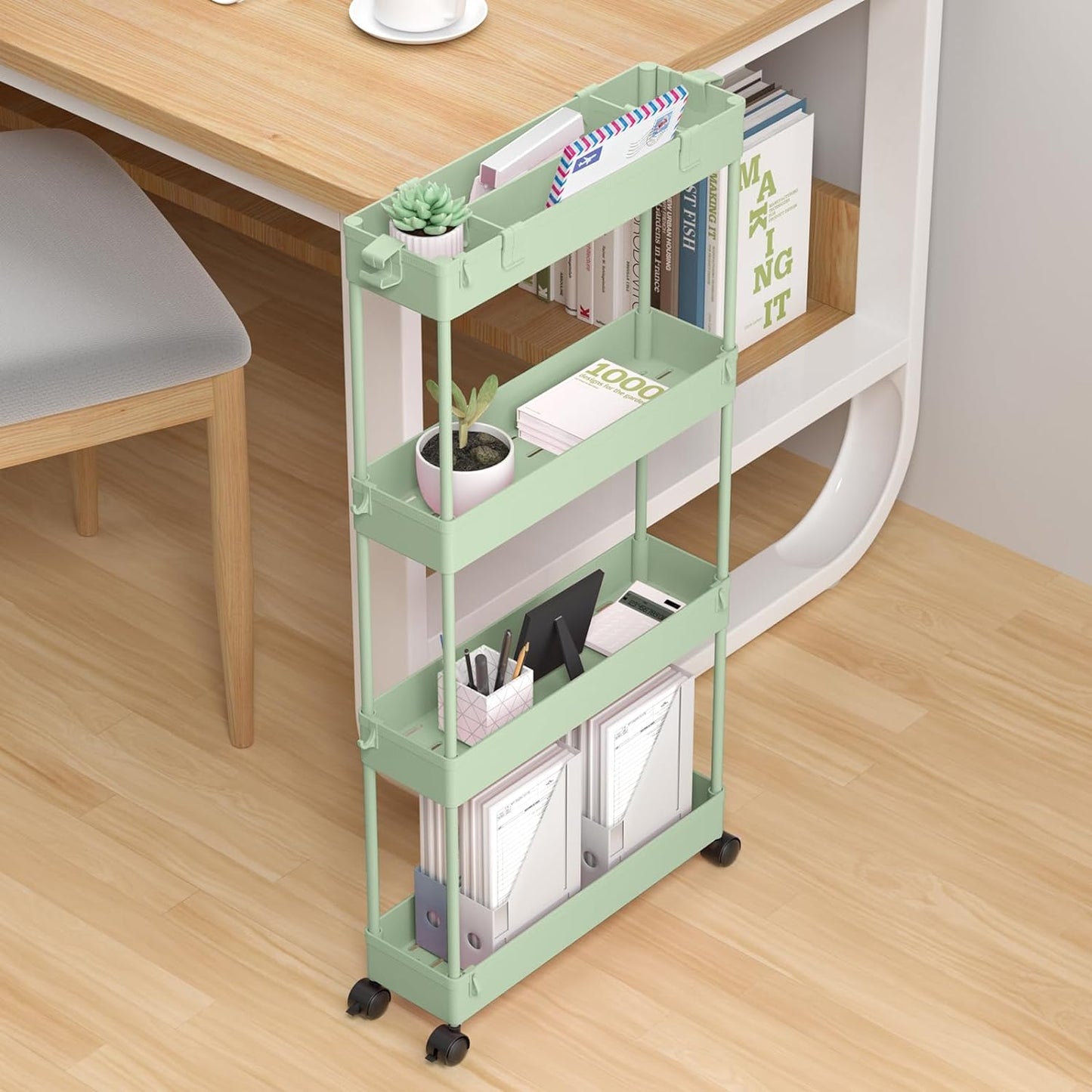 SPACELEAD Slim Storage Cart 4 Tier,Bathroom Organizer Rolling Utility,Mobile Shelving Unit Slide Out for Office, Kitchen, Laundry Room & Narrow Places，Green