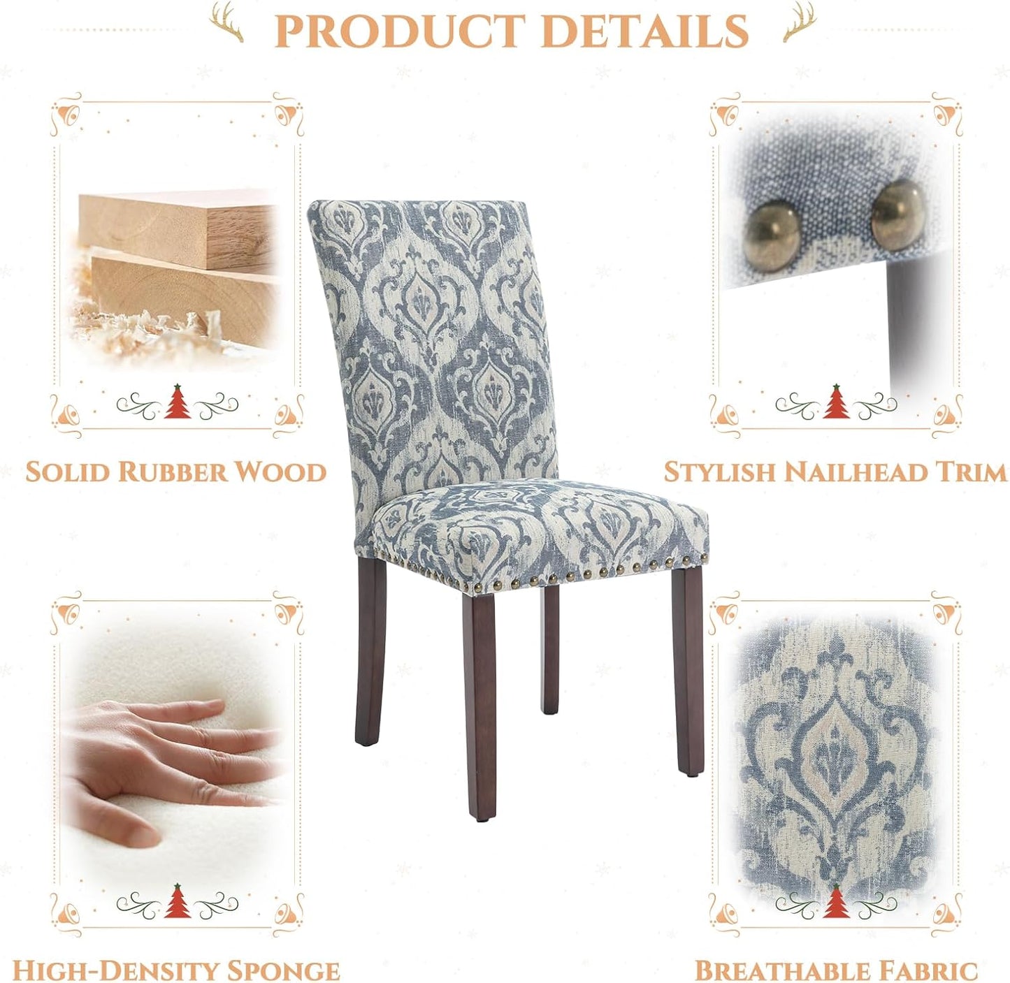 Parsons Dining Chairs Set of 6, Upholstered Nailhead Dining Room Kitchen Side Chair with Thick Cushions and Wood Legs, White/Blue