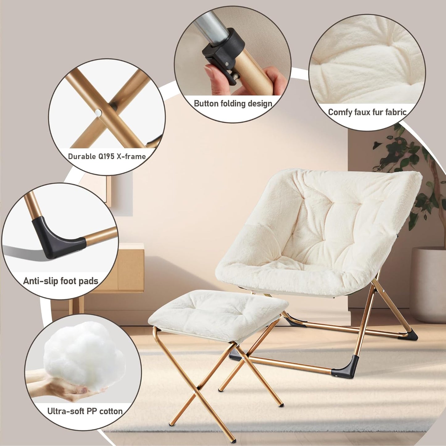 Comfy Oversized Saucer Chair with Ottoman,Soft Faux Fur Reading Lounge Chair for Adults,Stable X-Large Metal Frame and Non-Slip Pad,Cozy Chair for Bedroom, Living Room, Dorm, Office, Beige