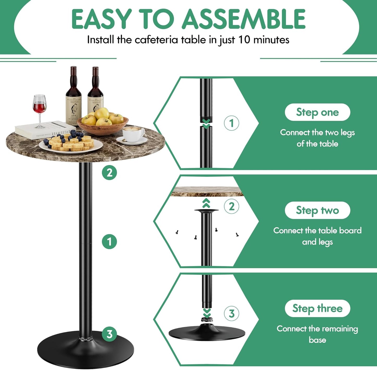 Shahoo Round Bar Table, Cocktail Tables with Metal Base & MDF Top, for Bistro Pub, Cafe, Faux Marble