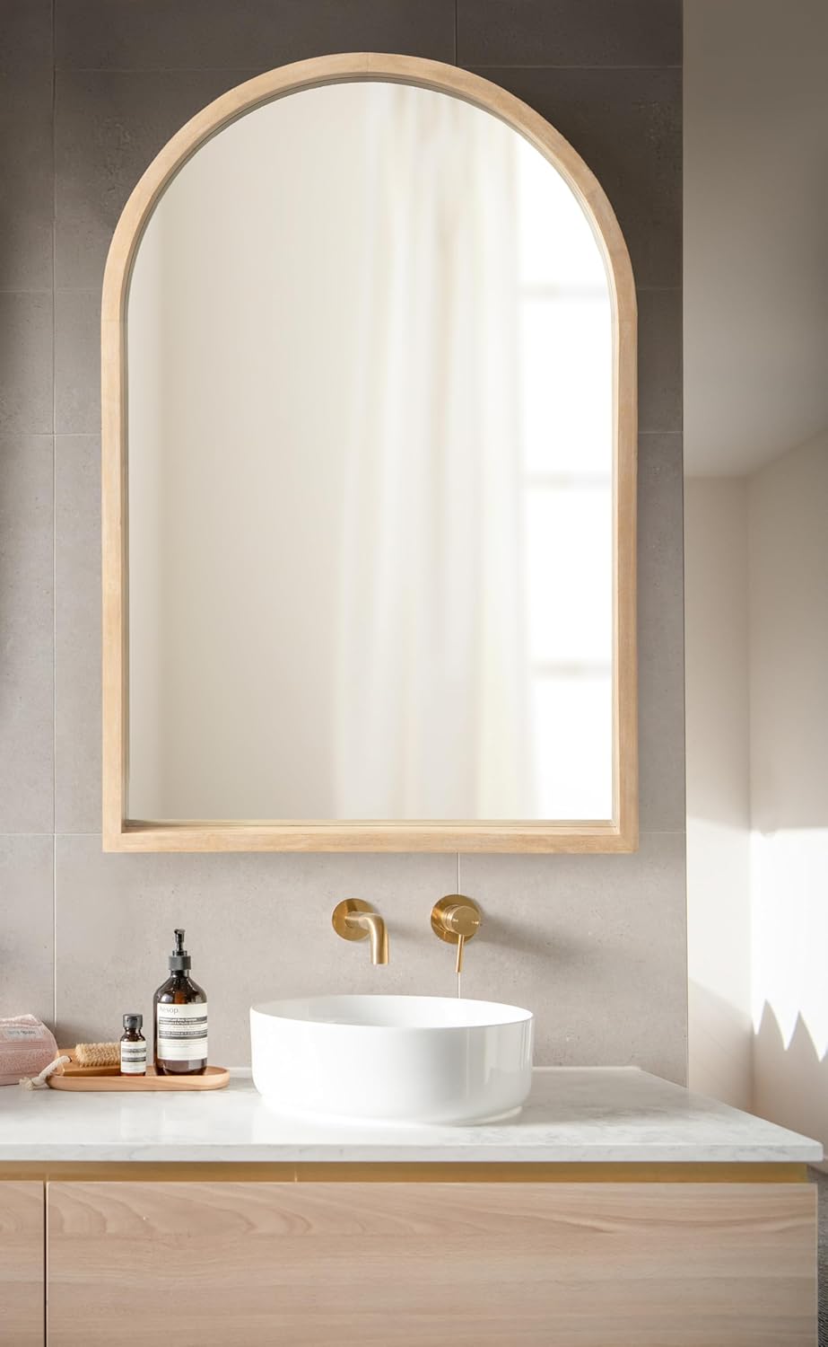 Kate and Laurel Hutton Modern Wood Arched Mirror; 24 x 36; Natural Wood; Decorative Transitional Large Arch Mirror with Deep Profile for Use as Bathroom Mirror for Over Sink