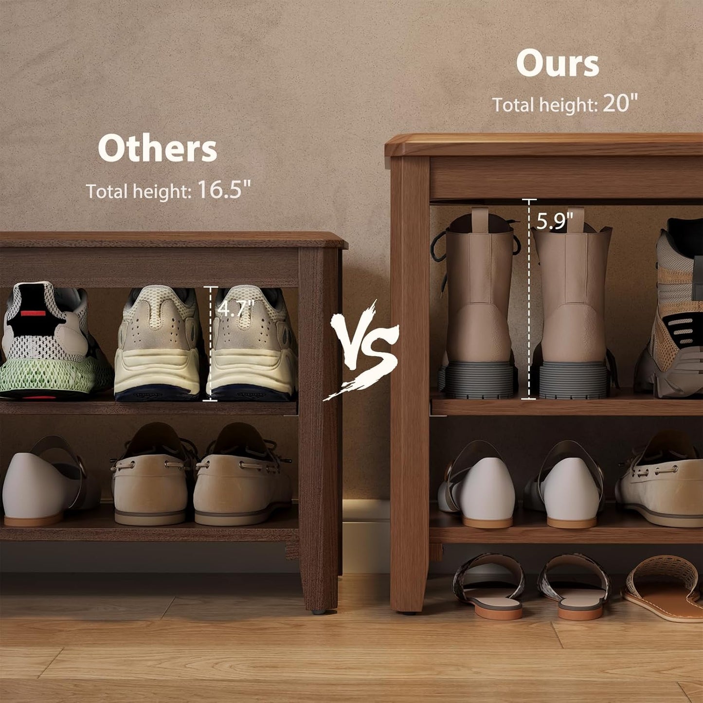 Wood Shoe Rack Bench for Entryway, 2 Tier Shoe Rack for Front Door Entrance, Shoe Bench with Shoe Storage for Entryway, Bedroom, 23.6"