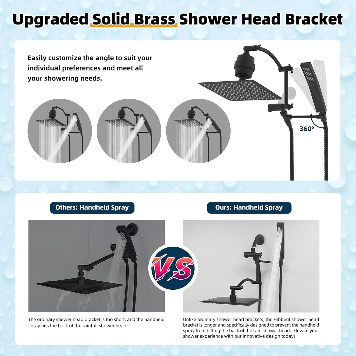 Hibbent All Metal 10'' Filtered Rainfall Shower Head with Handheld Combo, High Pressure Shower Wand, 16'' Adjustable Extension Arm, 20 Stage Shower Filter, 71'' Hose, Shower Holder, Matte Black