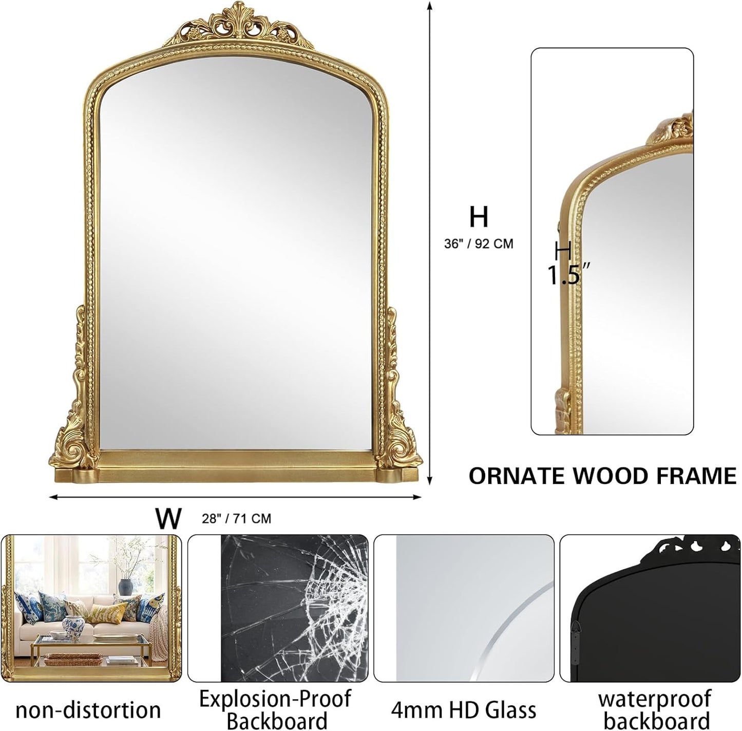 Traditional Ornate Arch Wall Mirror Vintage Fireplace Mirror Mantel Decor, Antique Gold, 36 inches x28 inches, Baroque Inspired Wall Mirror, 28 inches W x 36 inches L, 21004-GD