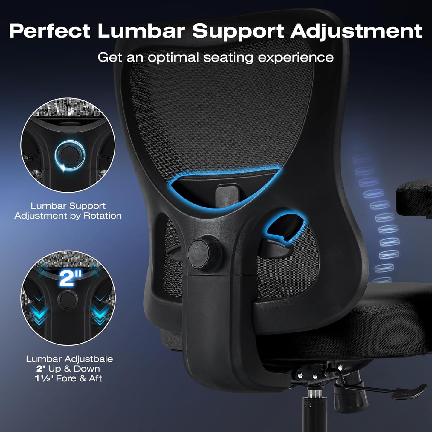 Big and Wide Office Chair 500lbs，Ergonomic Desk Chair with 4 Way Adjustable Lumbar Support, Thicker Seat Cushion, 2D Armrest, Rocking Function, Stable Comfy Computer Mesh Chairs, Black