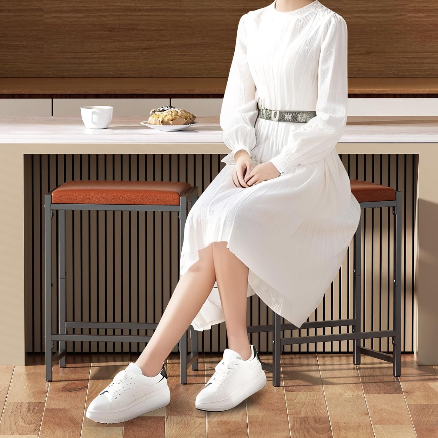 Bar Stools, Bar Chairs, Counter Height Bar Stools, Kitchen Counter Stools with Footrests, Synthetic Leather Mid-Century Modern, 25-Inch Tall, for Kitchen, Dining Room, Counter, Bar, Cafe