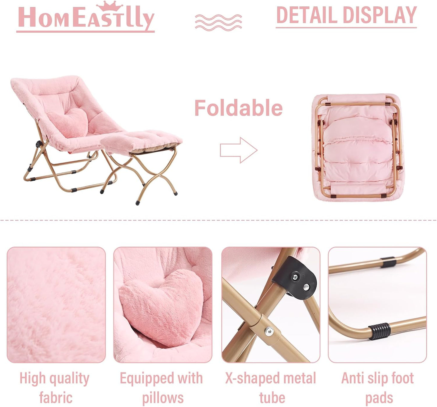 Comfy Saucer Chair with Ottoman, Oversized Folding Faux Fur Chair Soft Furry Lounge Lazy Chair with Metal Frame Moon Chair Accent Chair for Bedroom, Living Room, Dorm Rooms