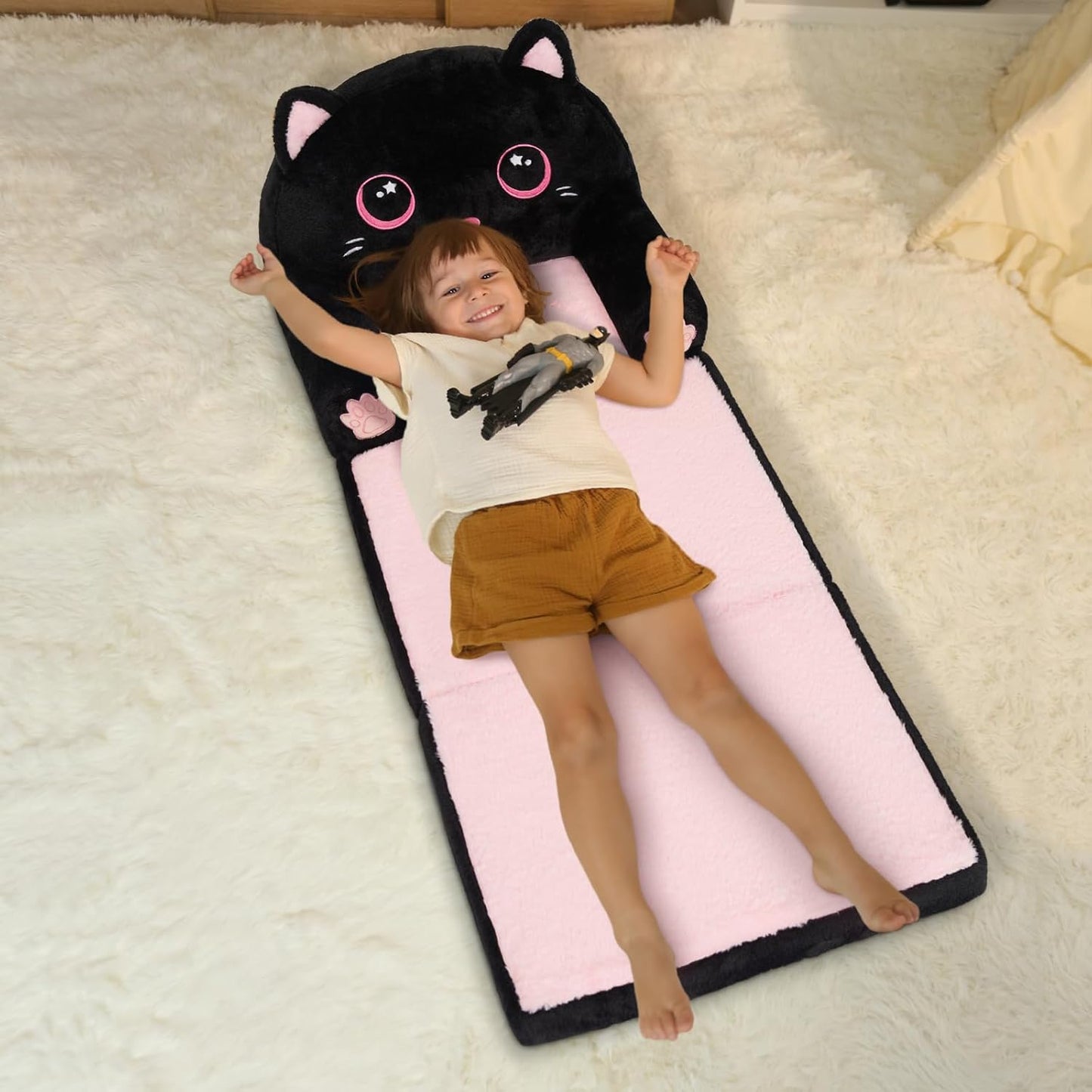 Kids Couch Fold Out, Velvet 2-in-1 Flip Open Couch for Toddlers, Comfy Toddler Chair for Reading and Napping, for Boys and Girls (Black & Pink Kitty)