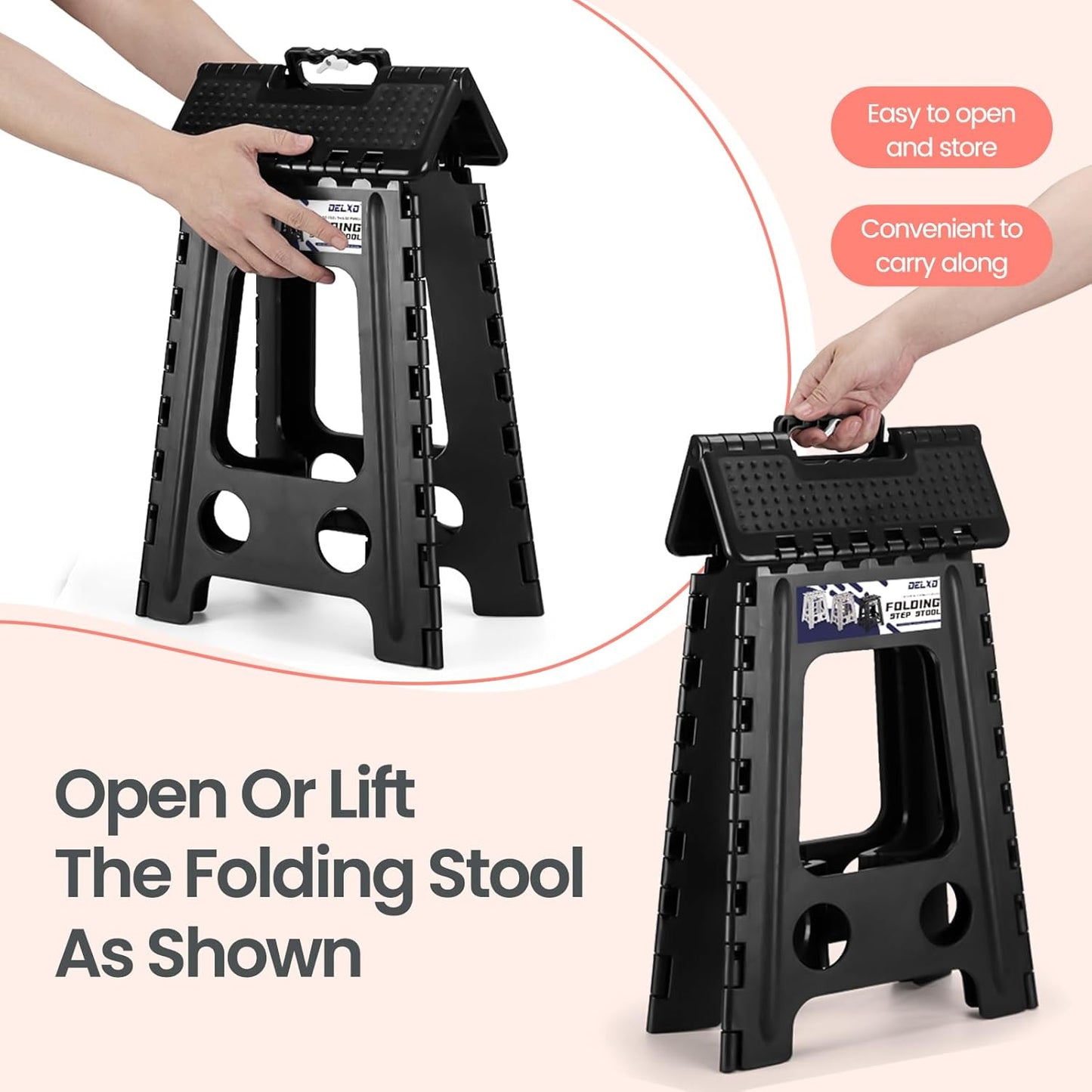 Delxo Folding Step Stool 17.5 Inch Non-Slip Foldable Stools Up to 300 LBS Kitchen Collapsible Fold Up Stepping Stool with Dotted 1 Pack Black