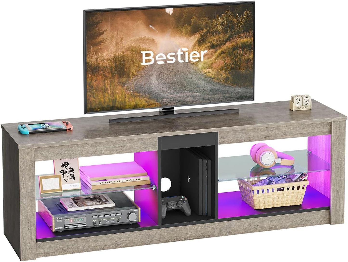 Bestier Entertainment Center LED Gaming TV Stand for 55+ Inch TV Adjustable Glass Shelves 22 Dynamic RGB Modes TV Cabinet Game Console PS4, Wash Gray