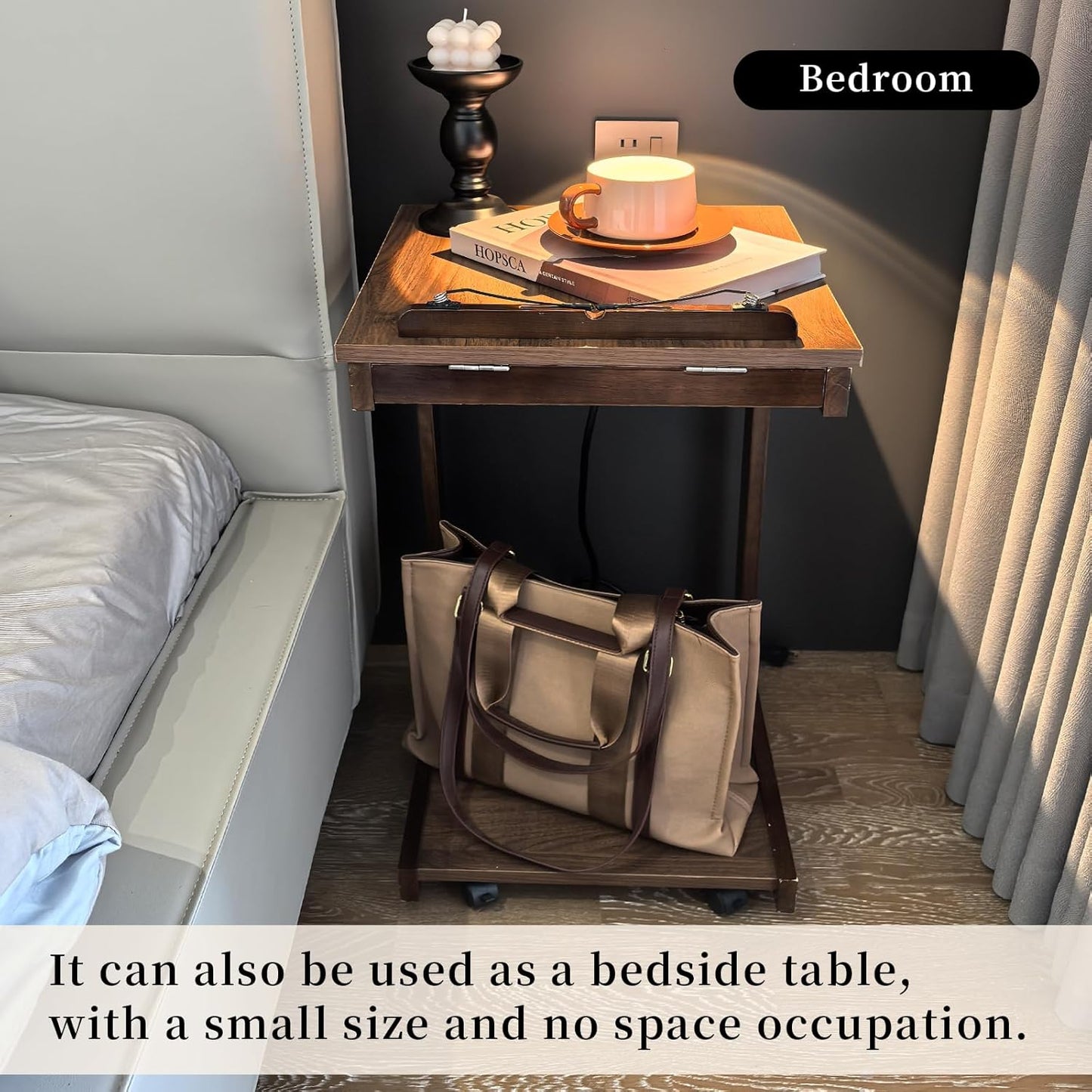 C Shaped End Table with Charging Station, Small Side Table for Couch, C Table with Wheels and Adjustable Desktop, Wooden Couch Table for Living Room, Bedroom (Brown)