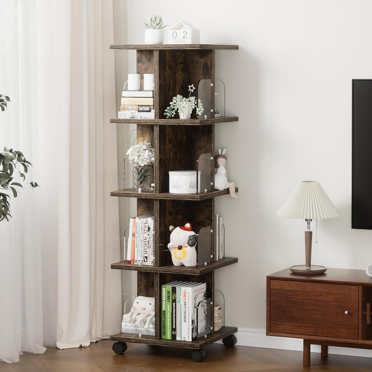 VECELO Rotating Bookshelf with Brake Wheels, 360°Display 4 Tier Floor Stackable Spinning-Bookshelf Tower for Kids&Adults, Revolving Bookcase for Small Space,Corner(Brown)