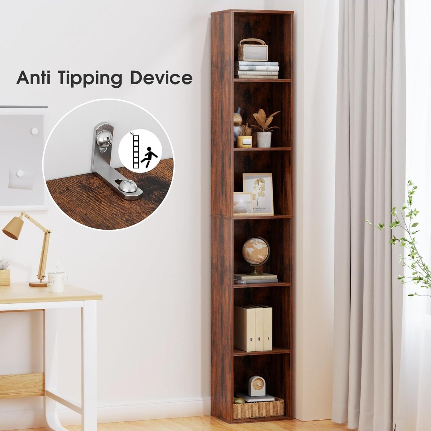 Tall Narrow Bookshelf 6-Tier Bookcase,70.5" Skinny Thin Corner Shelf Slim Storage Cabinet,Wood DVD CD Media Cube Organizer Tower Rack for Small Spaces, Bedroom, Living Room, Office,Brown