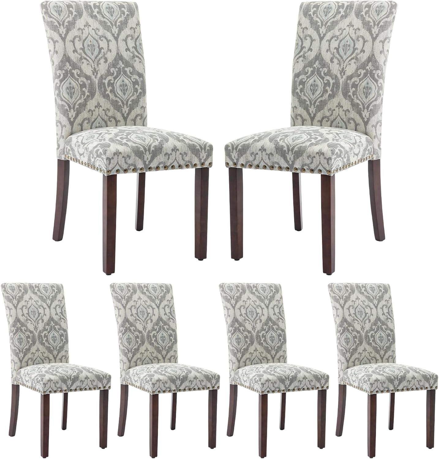 COLAMY Upholstered Parsons Dining Chairs Set of 6, Fabric Dining Room Kitchen Side Chair with Nailhead Trim and Wood Legs - Grey/White Flower