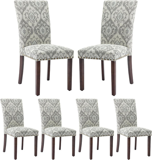 COLAMY Upholstered Parsons Dining Chairs Set of 6, Fabric Dining Room Kitchen Side Chair with Nailhead Trim and Wood Legs - Grey/White Flower