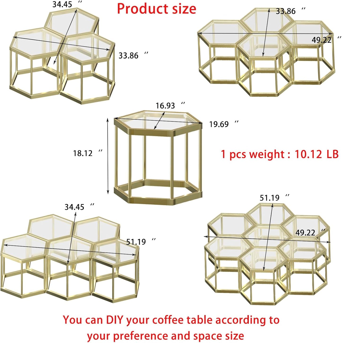 Gold Glass Coffee Table Modern Glass Center Table, Hexagon Free Combination Coffee Table Small End Tables for Living Room Set of 3
