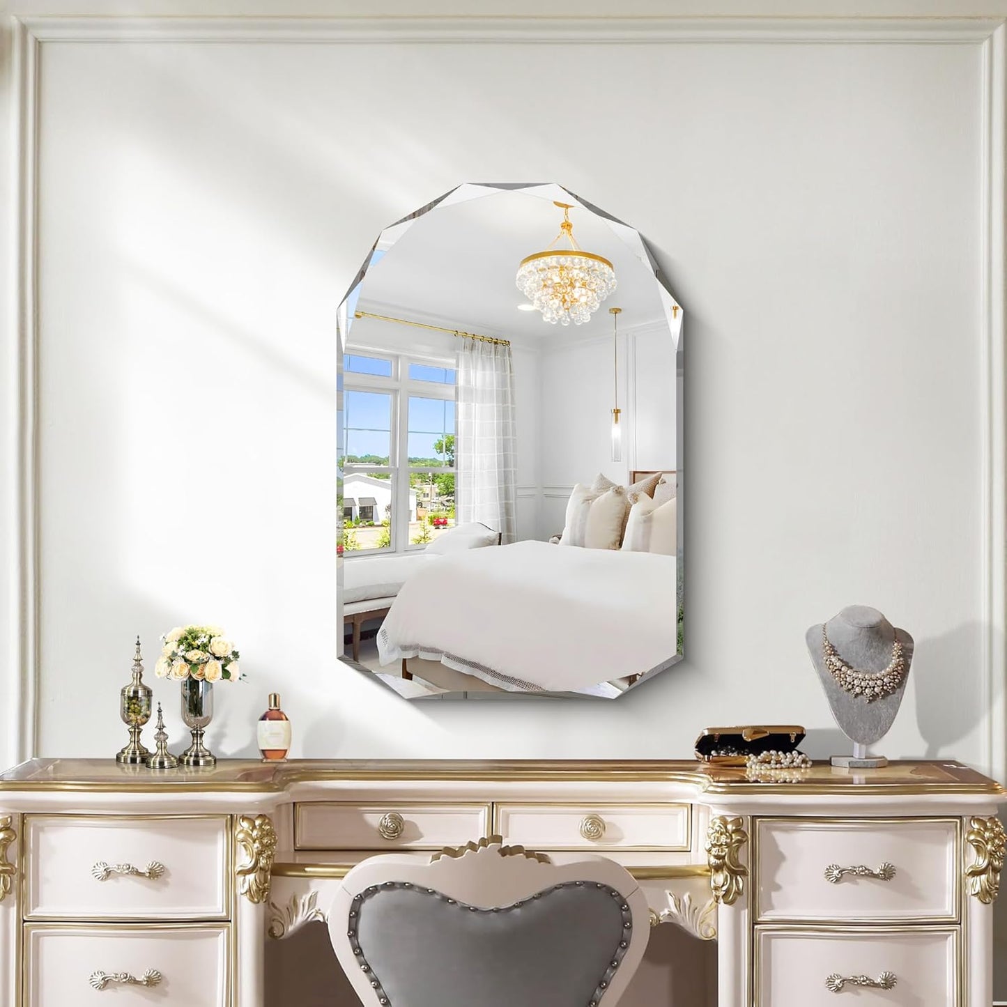 KOCUUY 24"x36" Frameless Mirror, Arched Shape with Diamond-Shaped Beveled Edge,Unframed Decorative with Upgraded Shatterproof Glass,Unique Frameless Mirror for Bathroom,Living Room,Bedroom