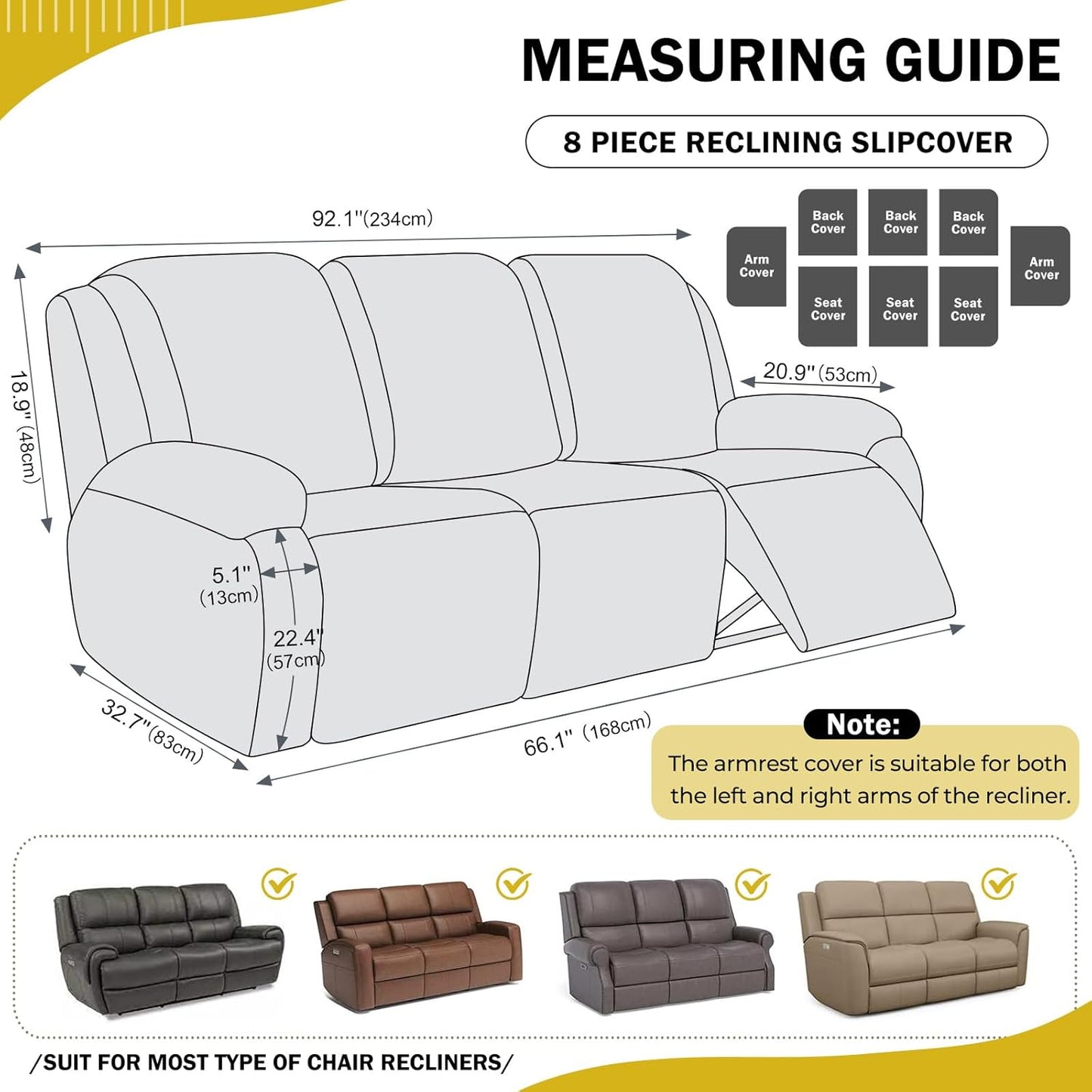 vctops 8 Pieces Geometric Jacquard Plush Recliner Sofa Covers Soft Fuzzy Fluffy 3 Seats Couch Cover Anti-Slip Sofa Slipcover Furniture Protector with Elastic Bottom for Kids Pet(Yellow,3 Seat)