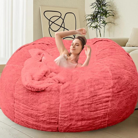 Bean Bag Chair for Adults Kids Without Filling Comfy Oversized Round Lazy Sofa Bean Bag Cover for Stuffed Animal Storage Bedroom Living Room Chairs, 6FT, Rose Red
