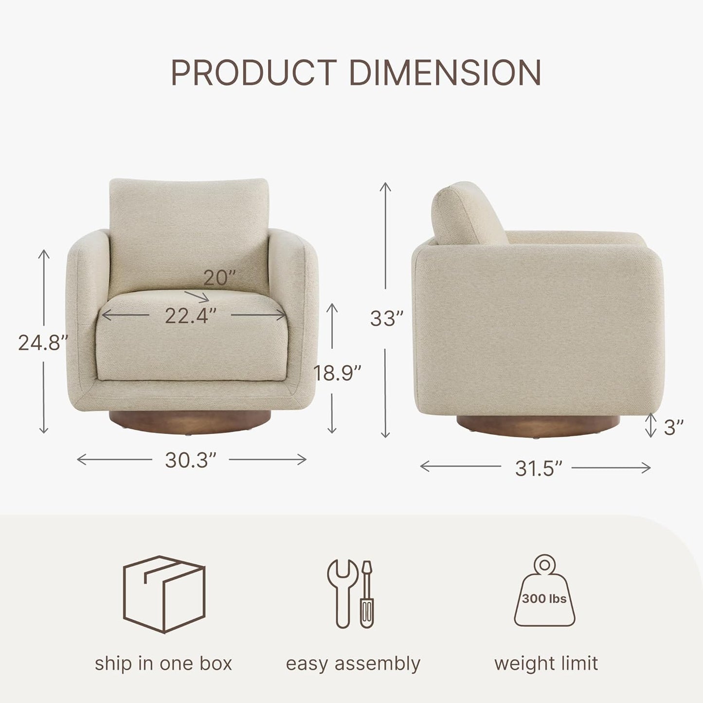 Modern Swivel Accent Chair, 360° Rotating Round Barrel Armchair with Performance Fabric Upholstery for Living Room, Bedroom, Office, Reading Nook, Single,Oatmeal