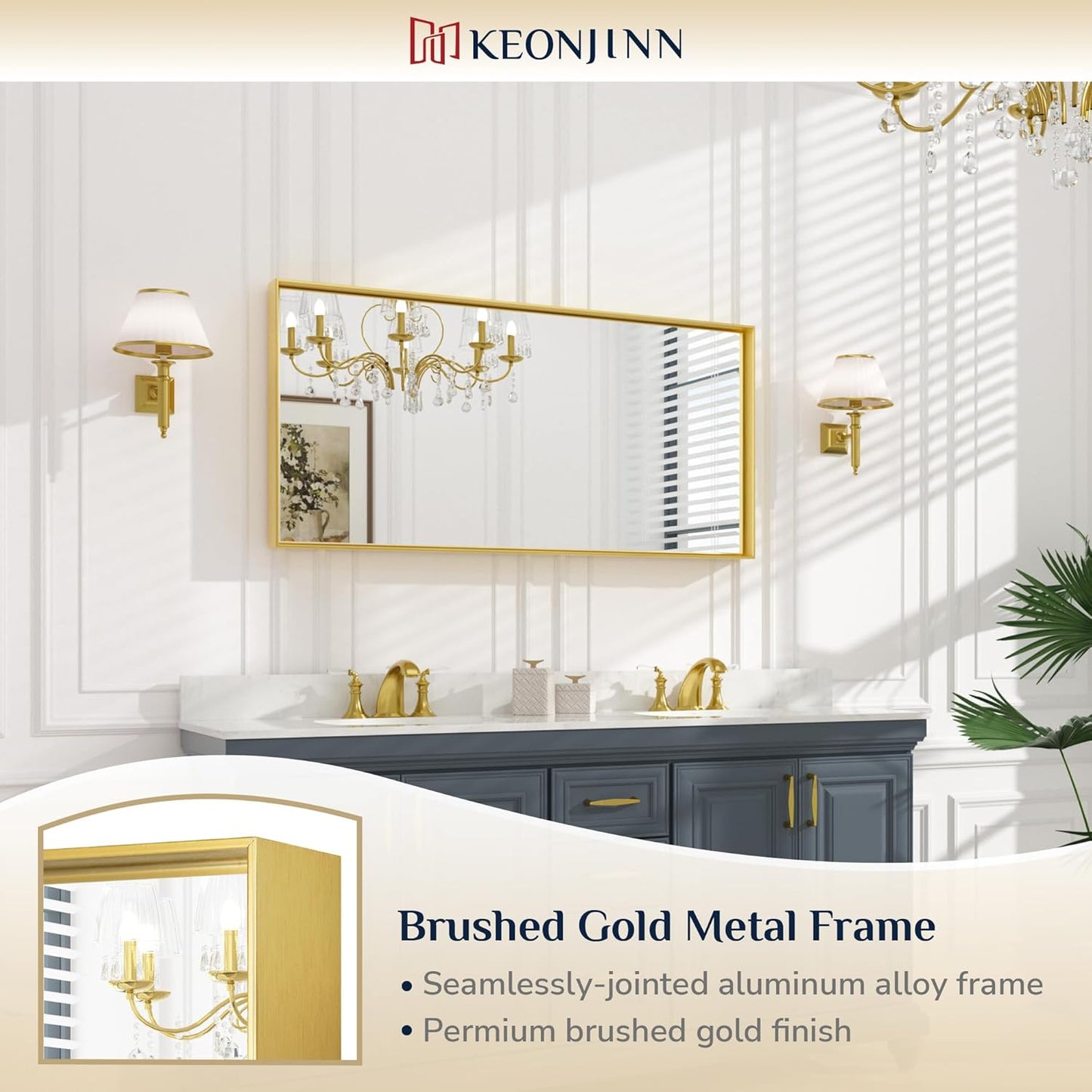Keonjinn Gold Bathroom Mirrors for Wall 48 x 24 Inch Brushed Gold Frame Rectangular Vanity Mirror Large Metal Framed Farmhouse Mirror for Bathroom Sink Modern Full Length Mirror(Horizontal/Vertical)