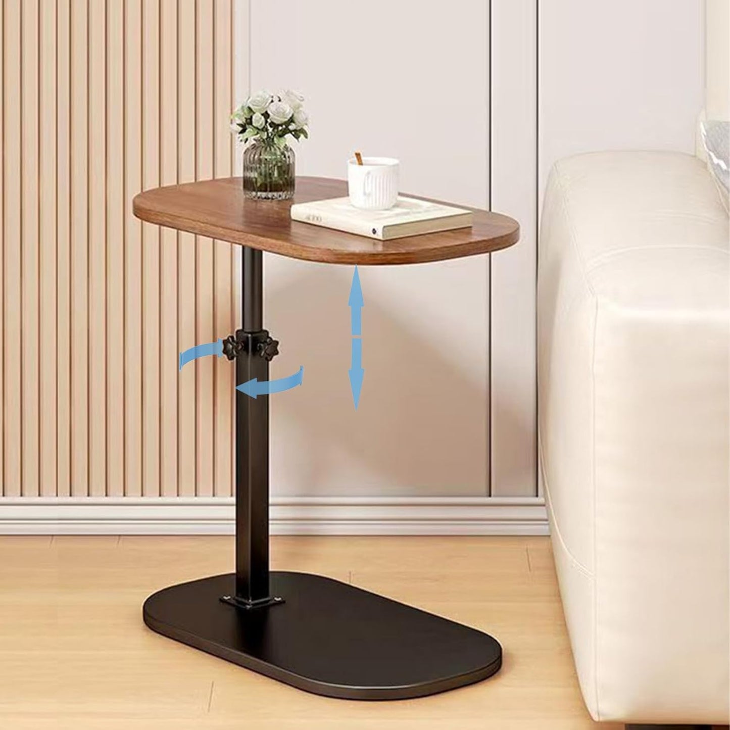 Pedestal C-Shaped Adjustable Small End Tables for Small Spaces Side Table，Desktop can Turn 360° and The Height of The Sofa Side Table can be Adjusted（Walnut Desktop + Black Bottom）