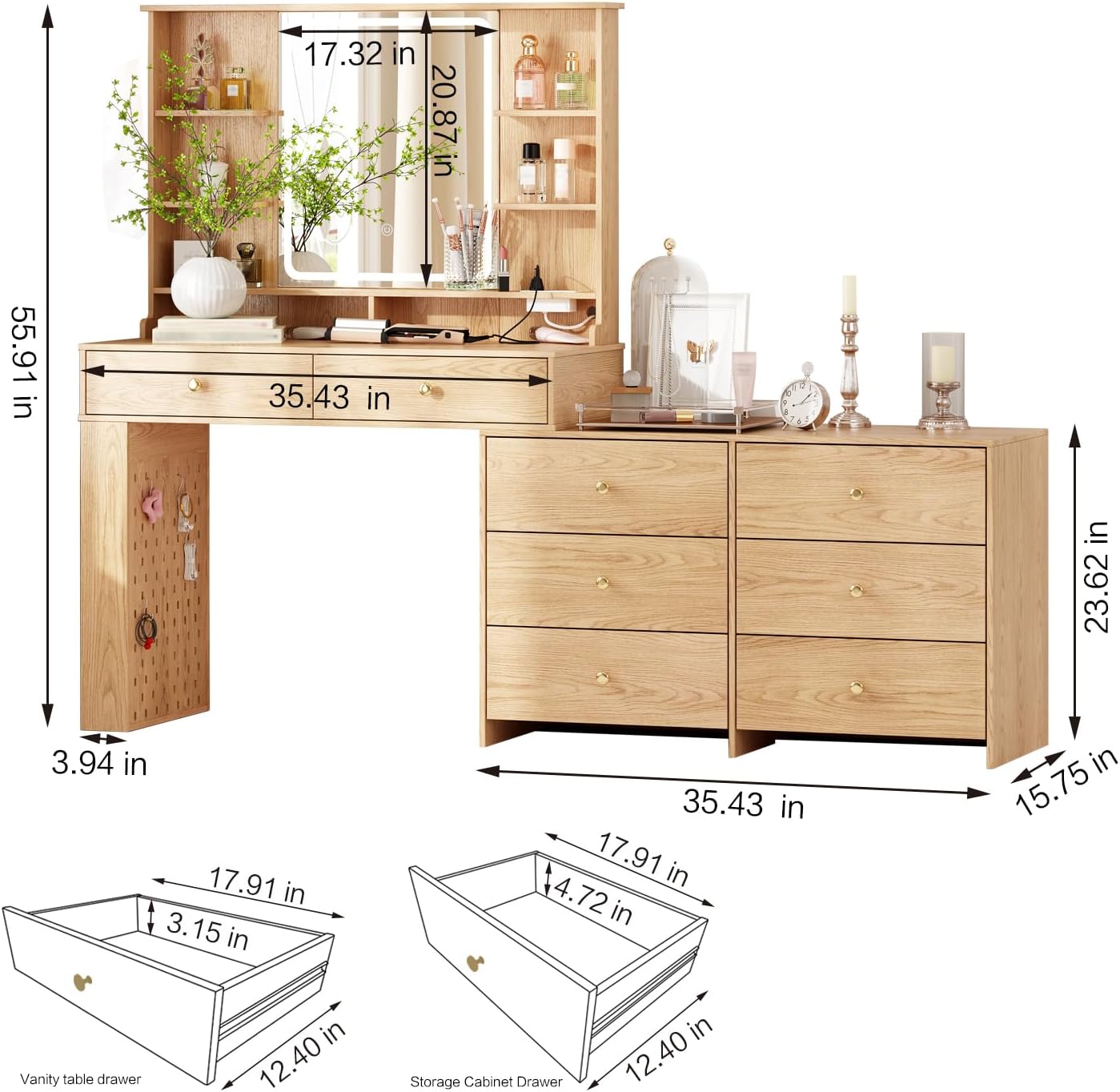 Makeup Vanity Desk with Mirror and Lights, Vanity Desk with 8 Drawers & Storage Shelves, Vanity Table with Power Outlet, 3 Color Modes & Adjustable Brightness Dressing Table, Bedroom,Oak2
