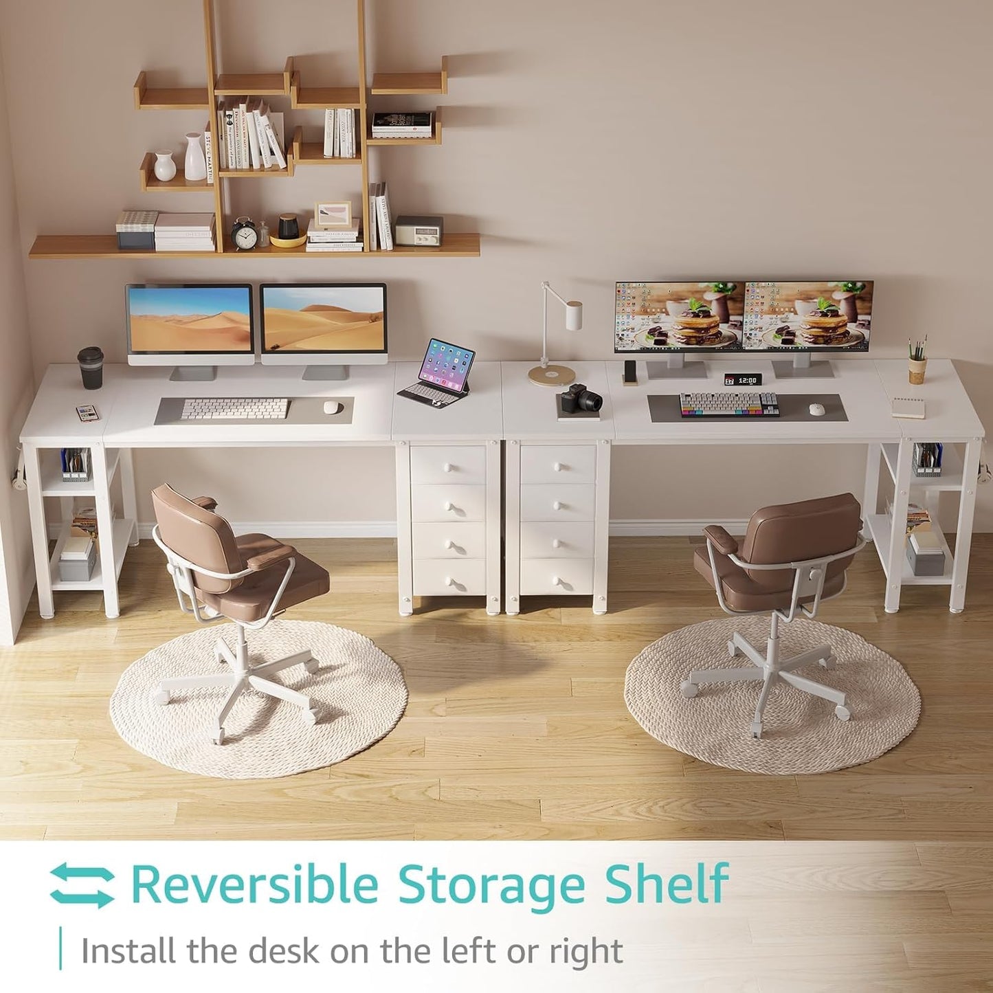 Lufeiya White Computer Desk with Fabric Drawers & Storage Shelves, 55 Inch Study Work Writing Desk for Home Office Bedroom, Simple Modern Cute PC Desks Table, White