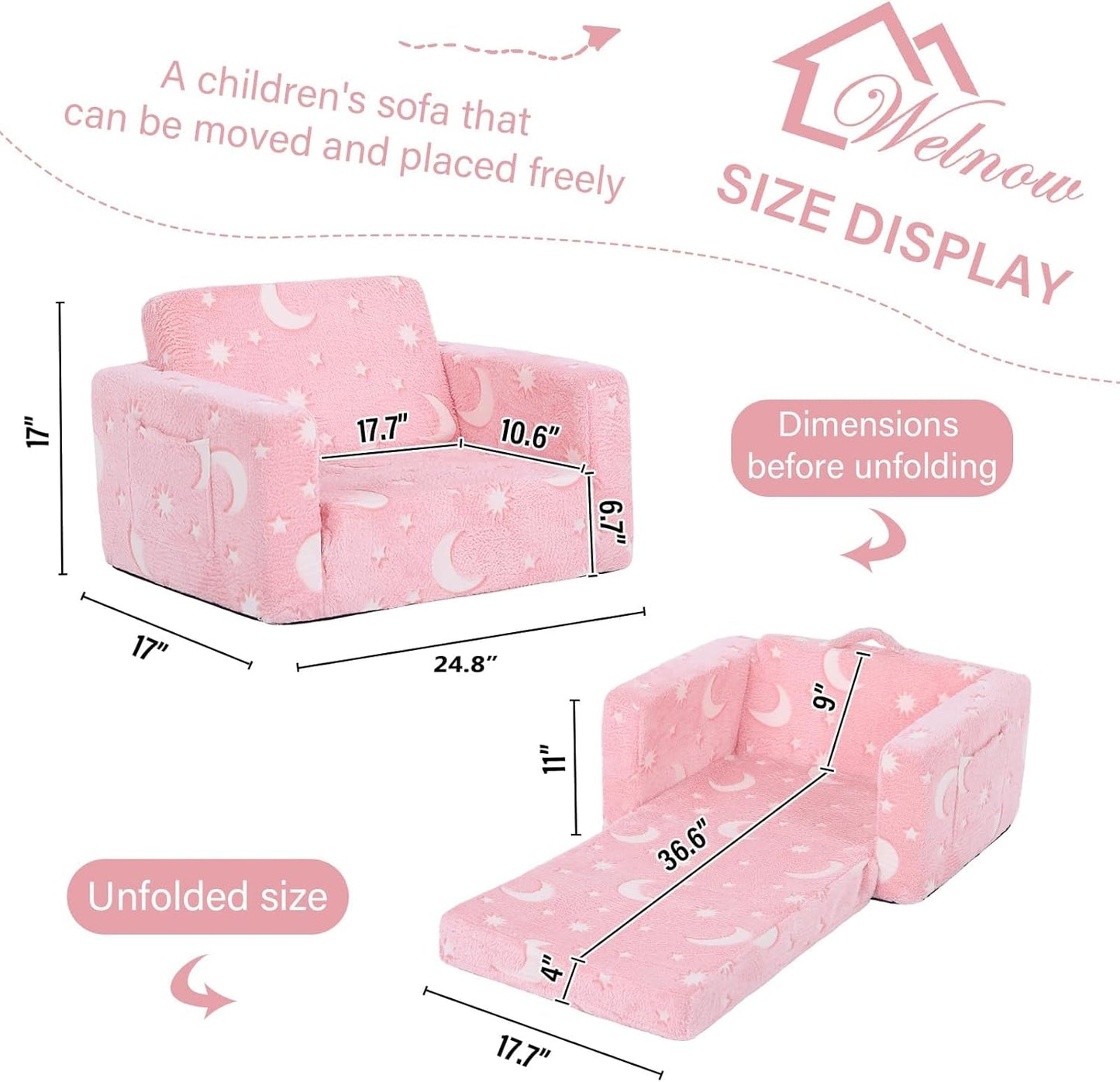 Welnow Toddler Chair, 2-in-1 Soft Sherpa Kids Sofa, Convertible Toddler Couch Lounger, Flip Out Kids Couch Chair with Side Pockets & Removable Cover for Girls and Boys, Pink Moon
