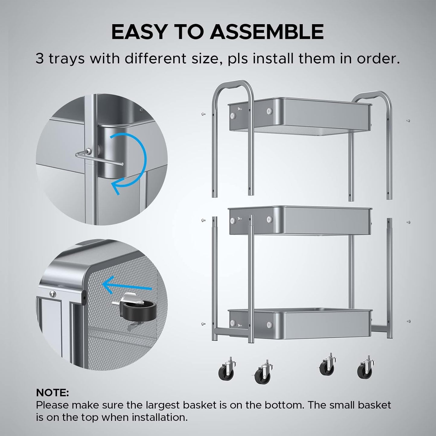 MAX Houser 3-Tier Rolling Utility Cart with Caster Wheels,Easy Assembly, for Kitchen, Bathroom (Silvery-Grey)