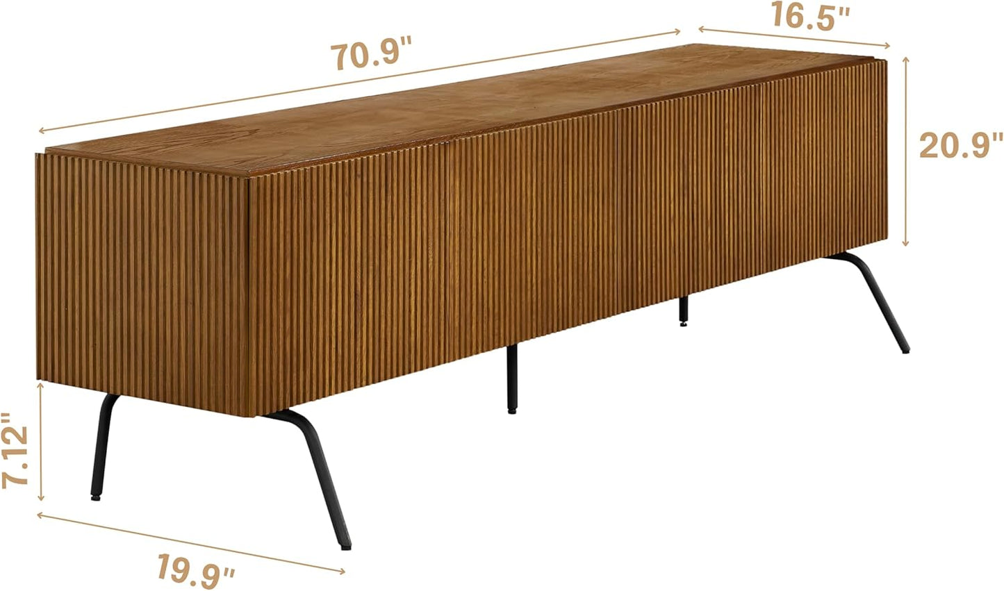 NTC Veil TV Stand with 4 Doors for TVs up to 75’’, Media Console with Vertical Groove Design and Metal Legs, Modern Entertainment Center for Living Room and Bedroom, Effortless Assembly, Rustic Oak