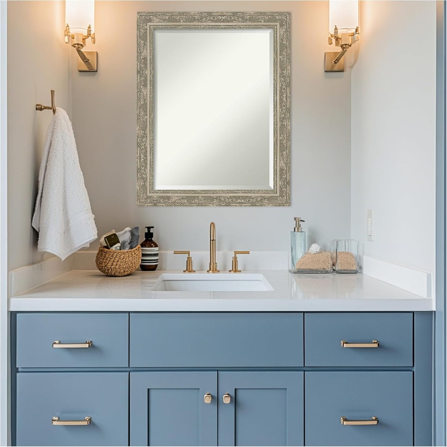 Amanti Art Bathroom Mirror for Over Sink, 29x23 Filigree Silver Rectangle Vanity Mirror, Medium Traditional Frame, Hangs Horizonally and Vertically, Bathroom Wall Decor, Beveled Edge