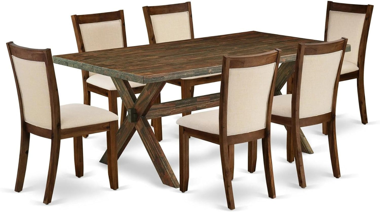 East West Furniture X777MZN32-7 7 Piece Kitchen Table Set Consist of a Rectangle Dining Table with X-Legs and 6 Light Beige Linen Fabric Parson Dining Chairs, 40x72 Inch, Multi-Color