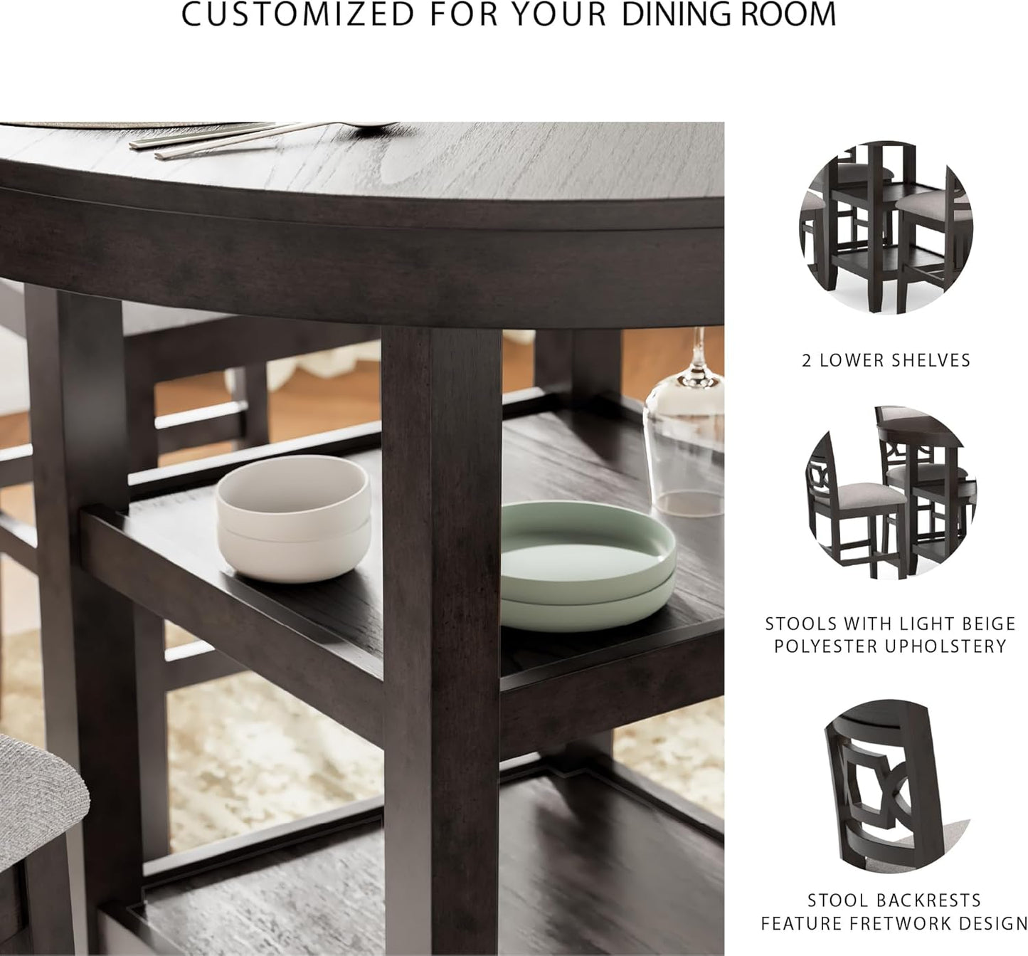 Signature Design by Ashley Langwest Transitional Diamond Patterned Counter Height Dining Table and 4 Upholstered Bar Stools, Set of 5, Dark Brown & Beige